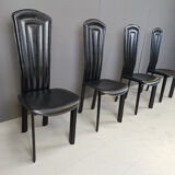 Vintage black leather dining chairs, set of 4, 1980s