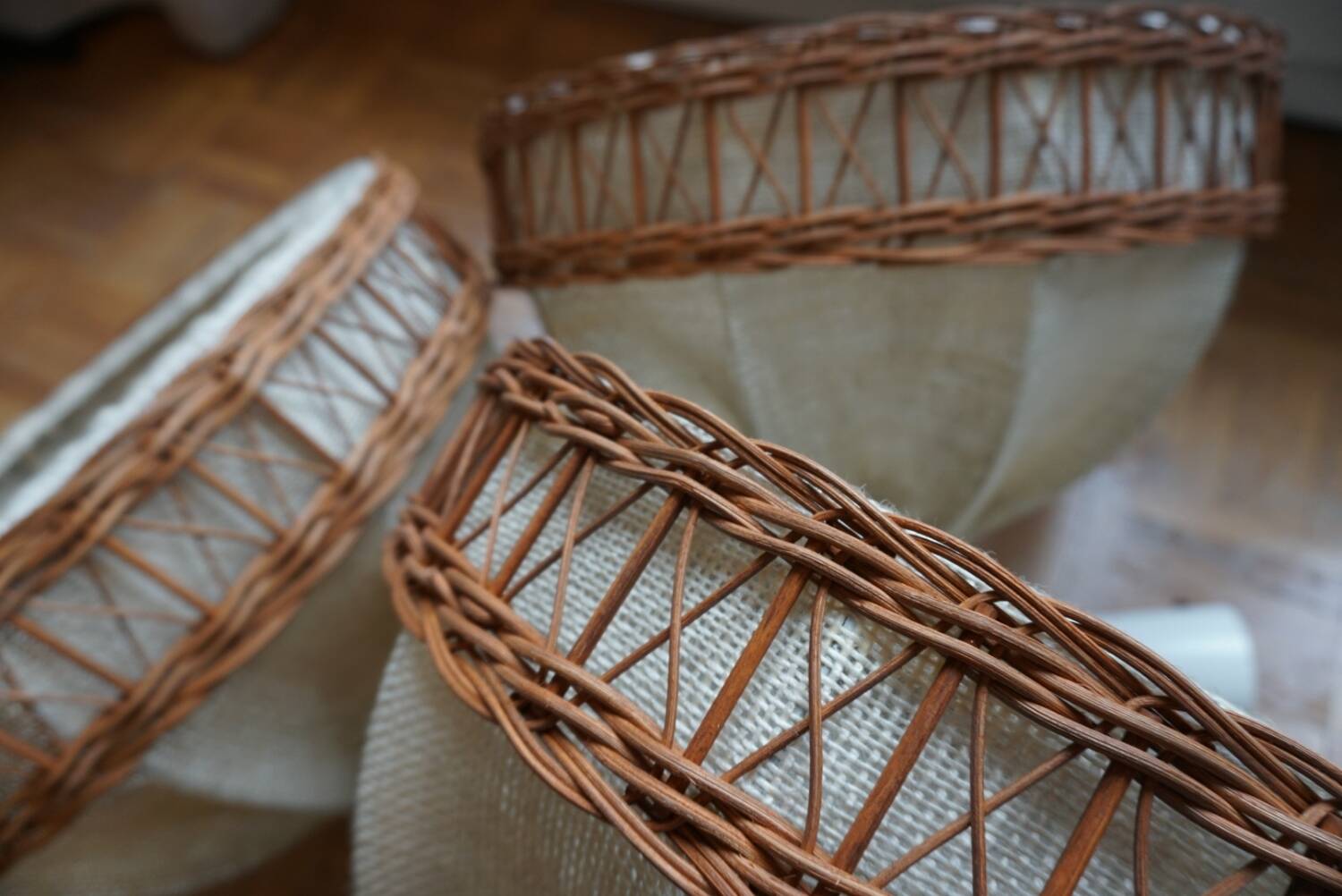 3 70s pendant lights - fabric and rattan
