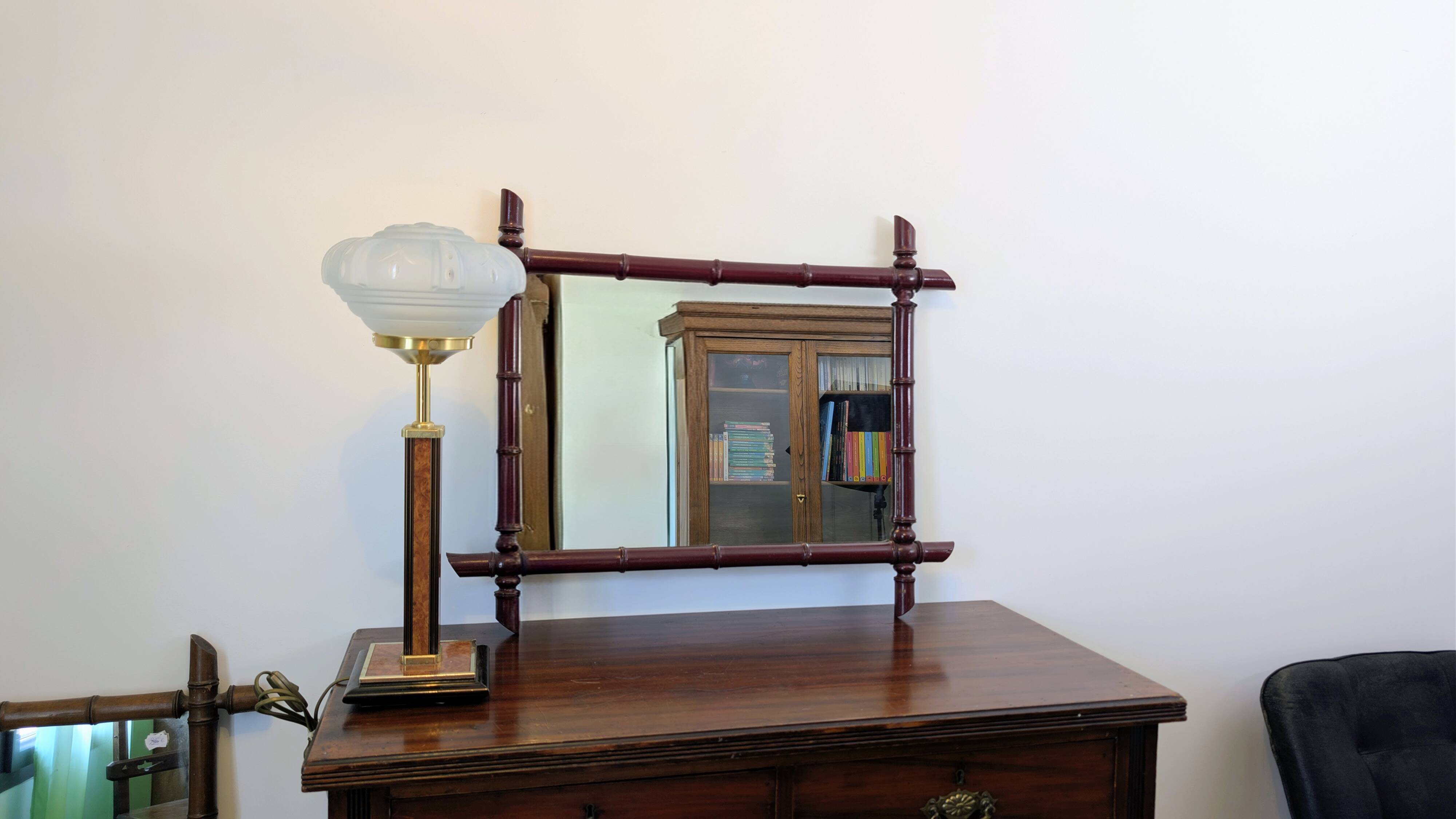 Vintage mirror with a bamboo effect in burgundy, chic exotic style - 79 x 64 cm