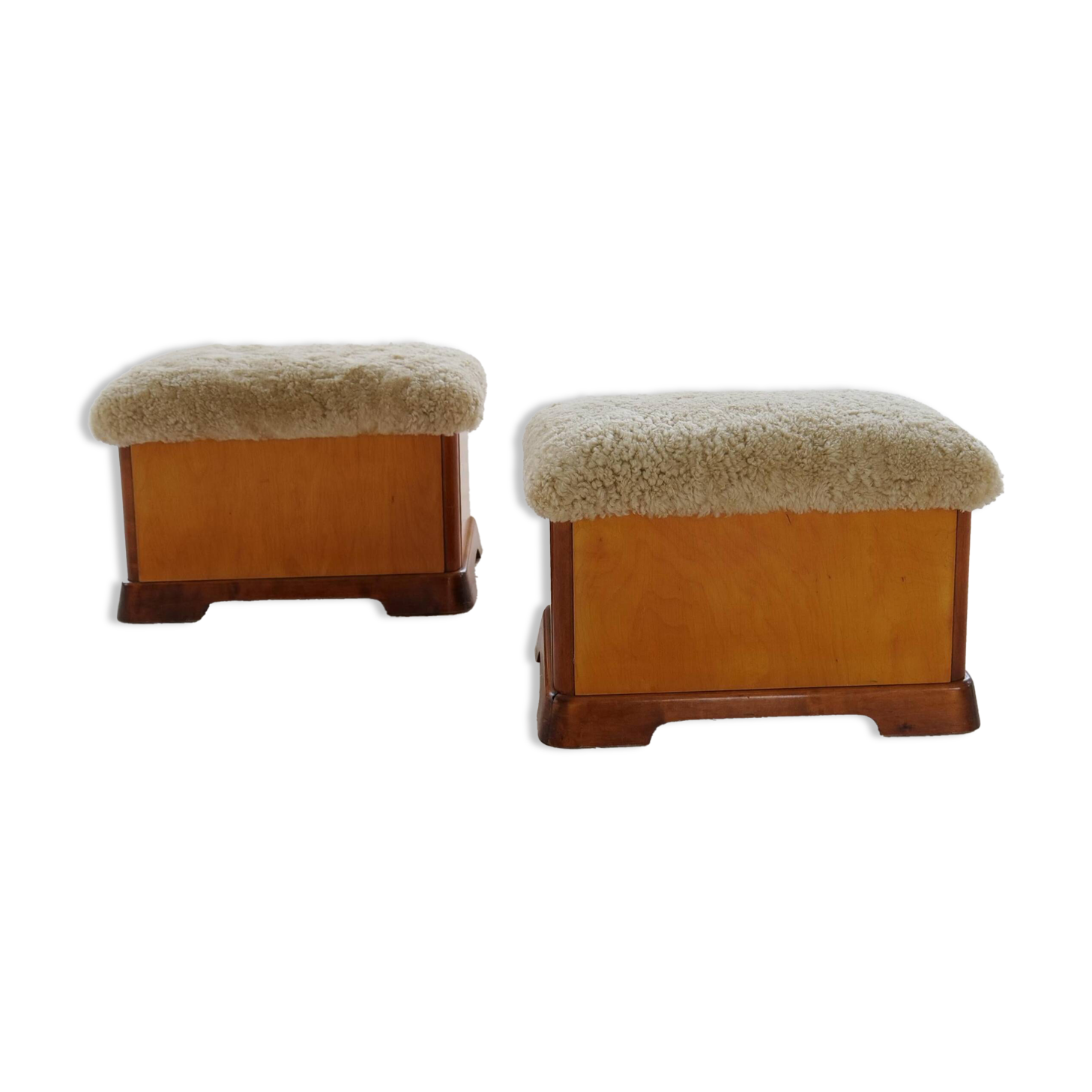 Swedish Art Deco Stools in Lacquered Birch with Sheepskin Seat, 1940s