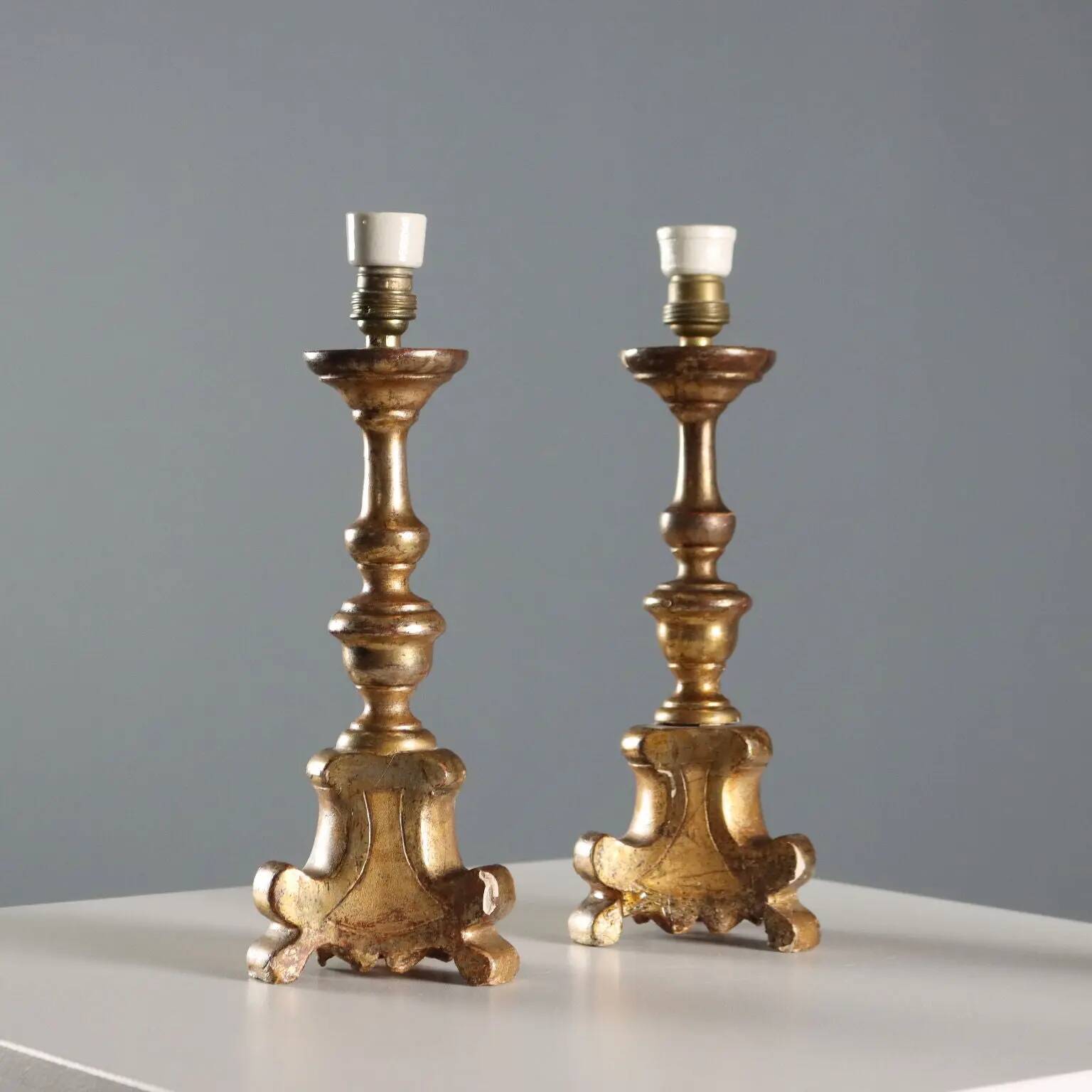 Pair of antique carved wooden candlesticks, Italy, 19th century