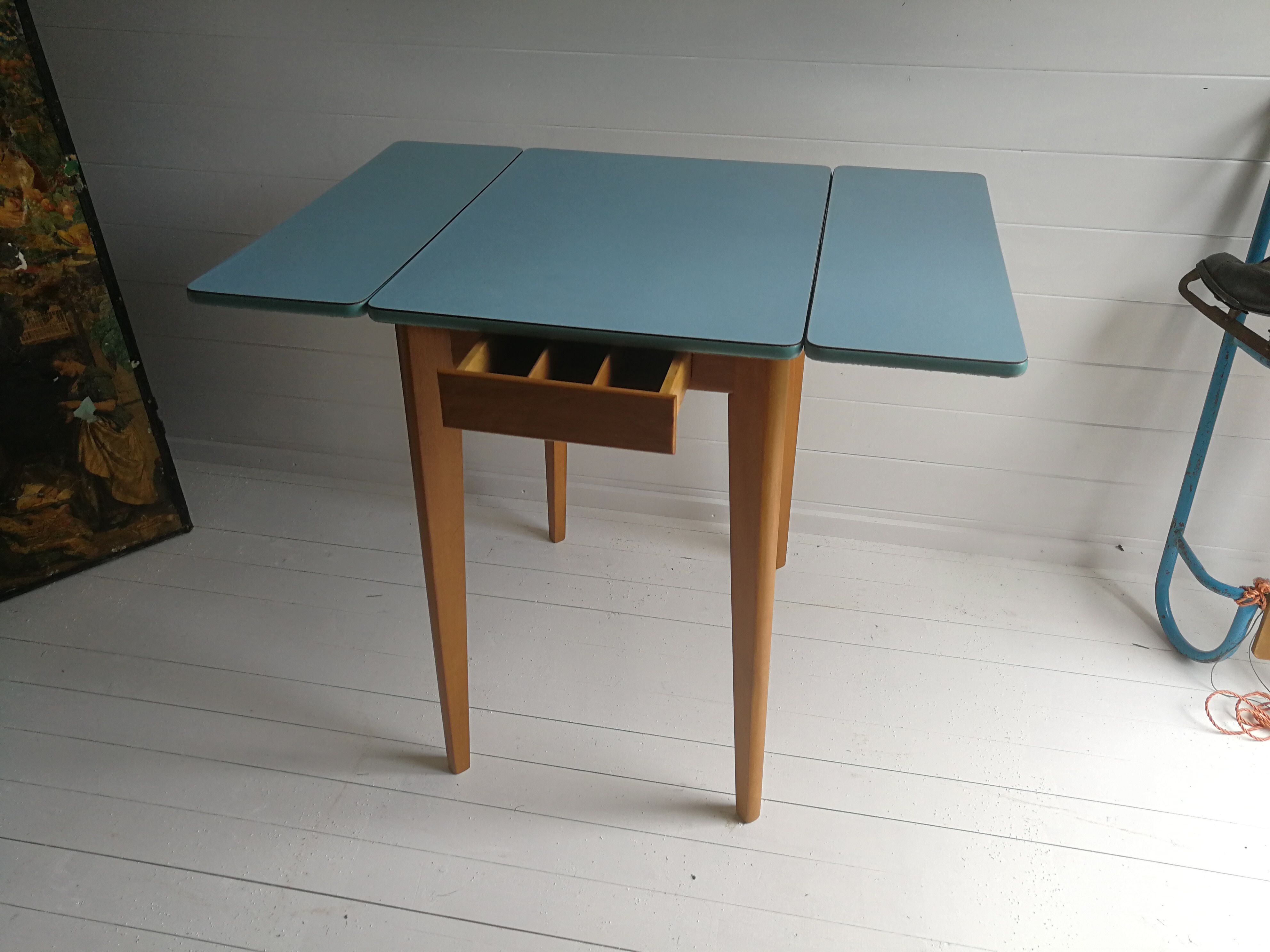 1950’S Blue Formica Drop Leaf Kitchen Dinning Table With Wooden Legs, Vintage, Retro, Mid Century.
