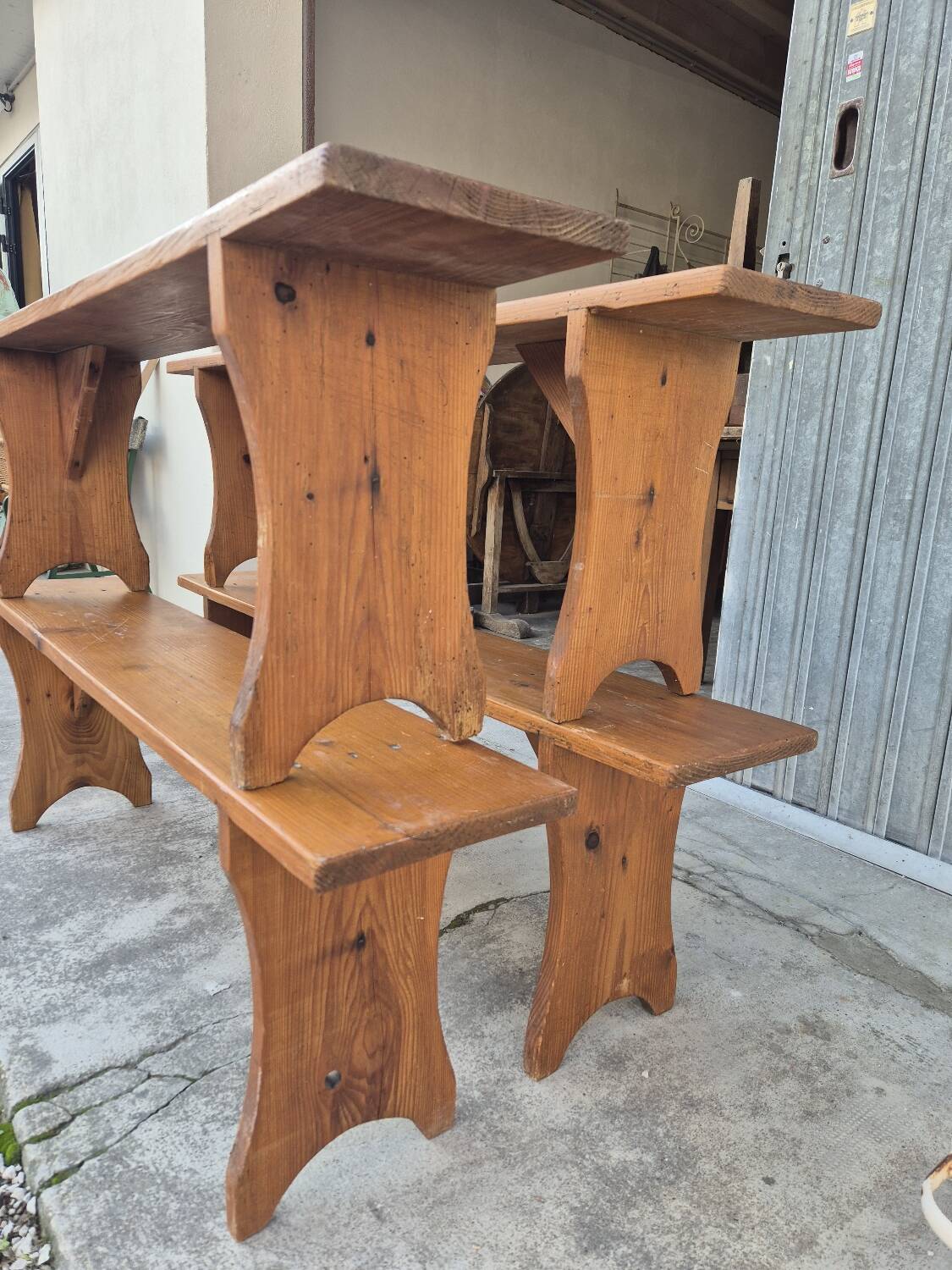 Set of 4 farm benches in old fir 1950s - 1m30