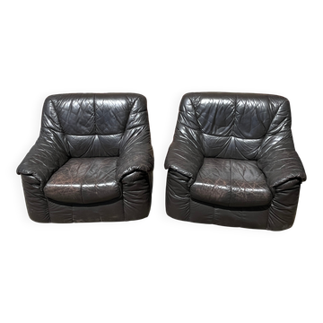 Pair of patinated leather club armchairs