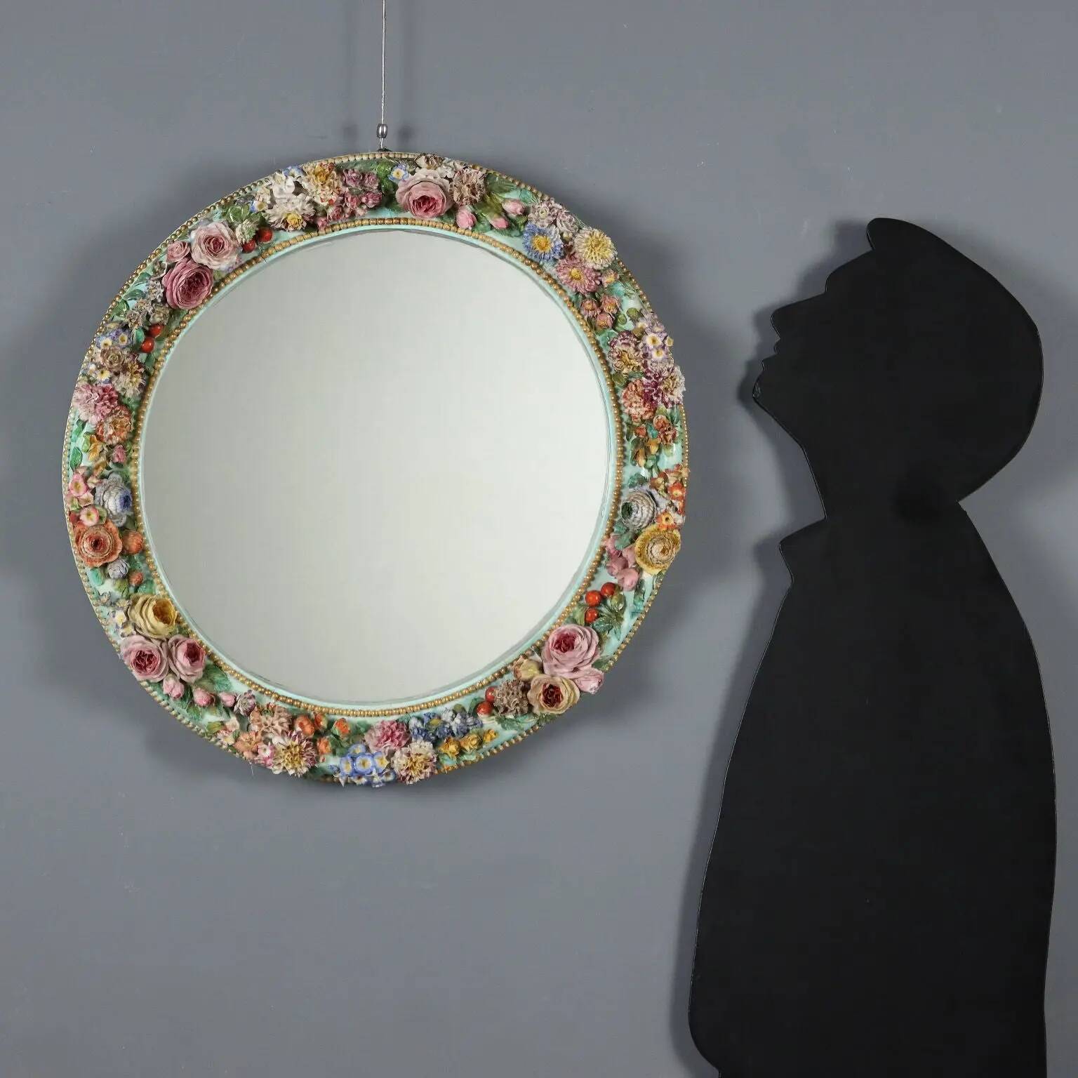 Antique ceramic mirror with floral decoration, 19th century
