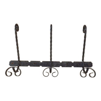 Vintage french black wrought iron scroll coat hanger with 3 hooks