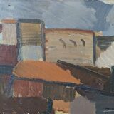 Mid-Century Modern Swedish "City Blocks" Vintage Abstract Oil Painting, Framed
