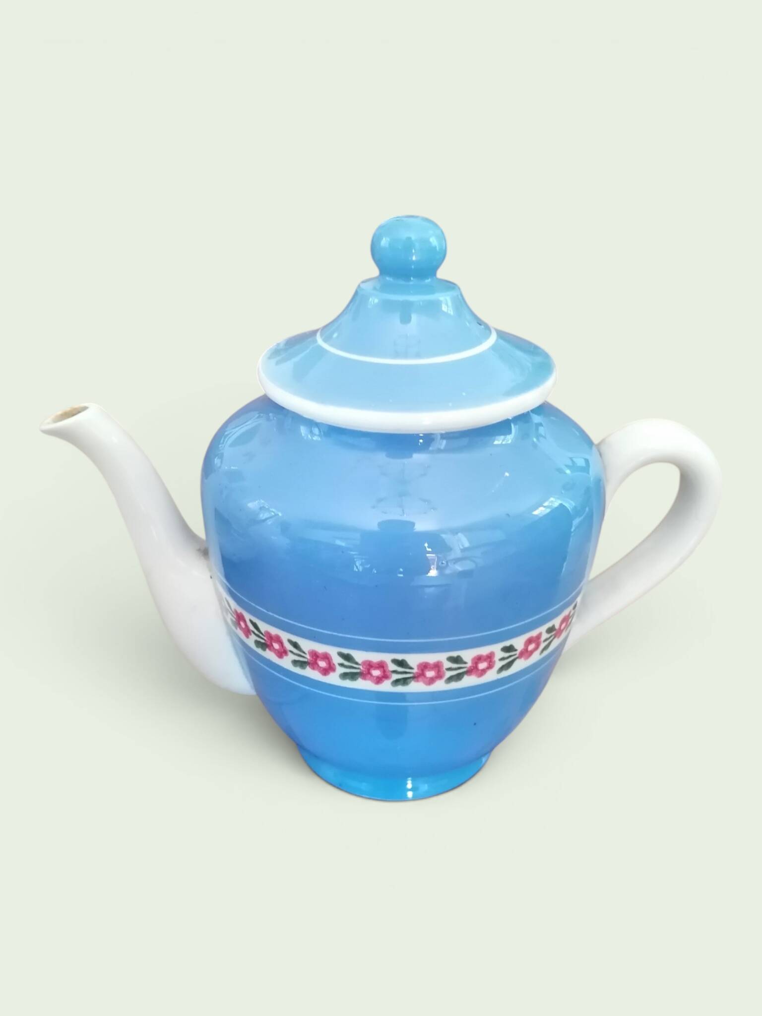Service à thé en faience ancienne bleu et rose. Sarreguemine 1950