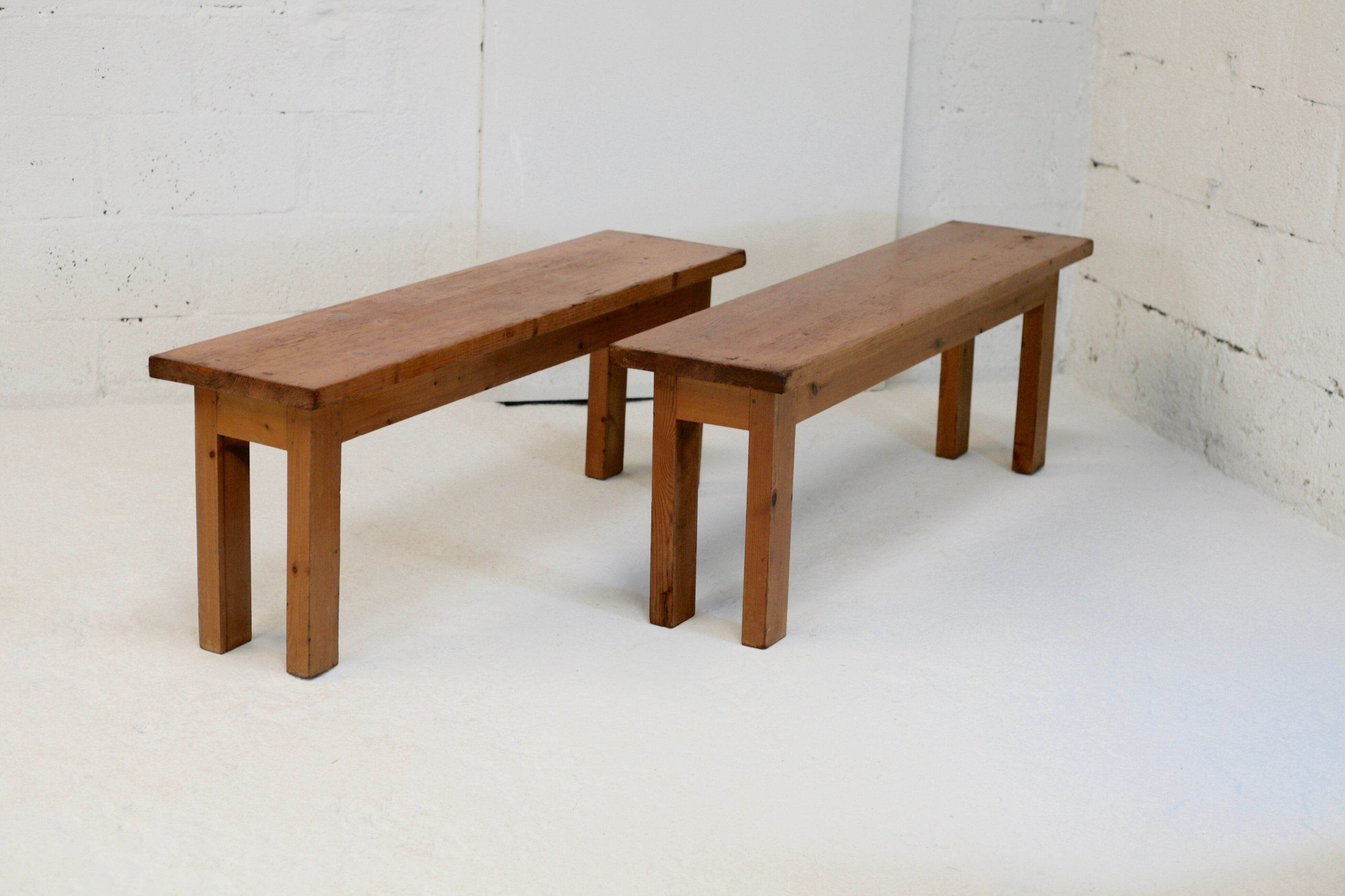 Pair of brutalist benches. Wood. France. Circa 1960.