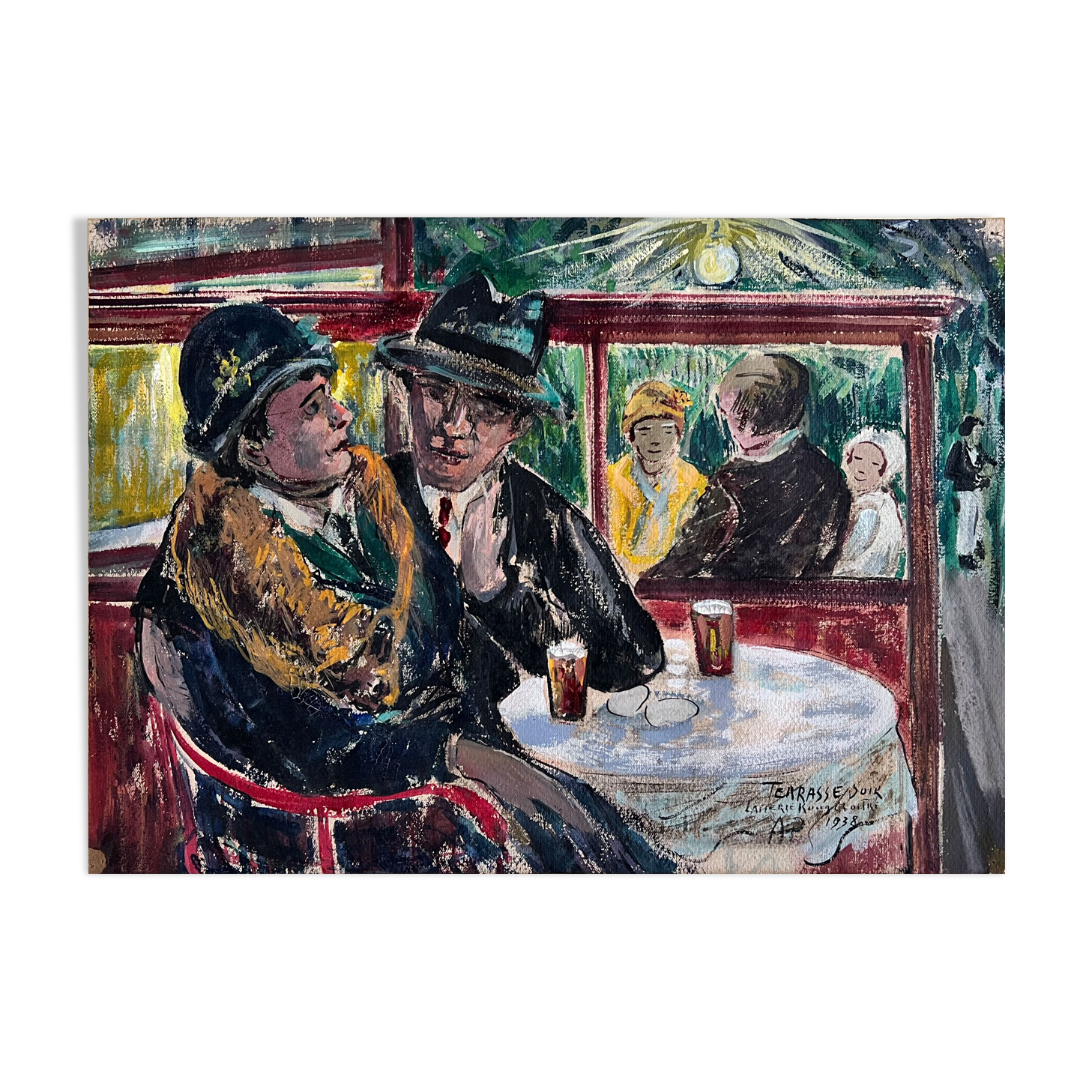 "On the terrace in the evening at the red dairy" Oil on cardboard