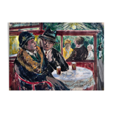 "En terrasse le soir à la laiterie rouge" Huile sur carton
