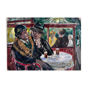 "En terrasse le soir à la laiterie rouge" Huile sur carton