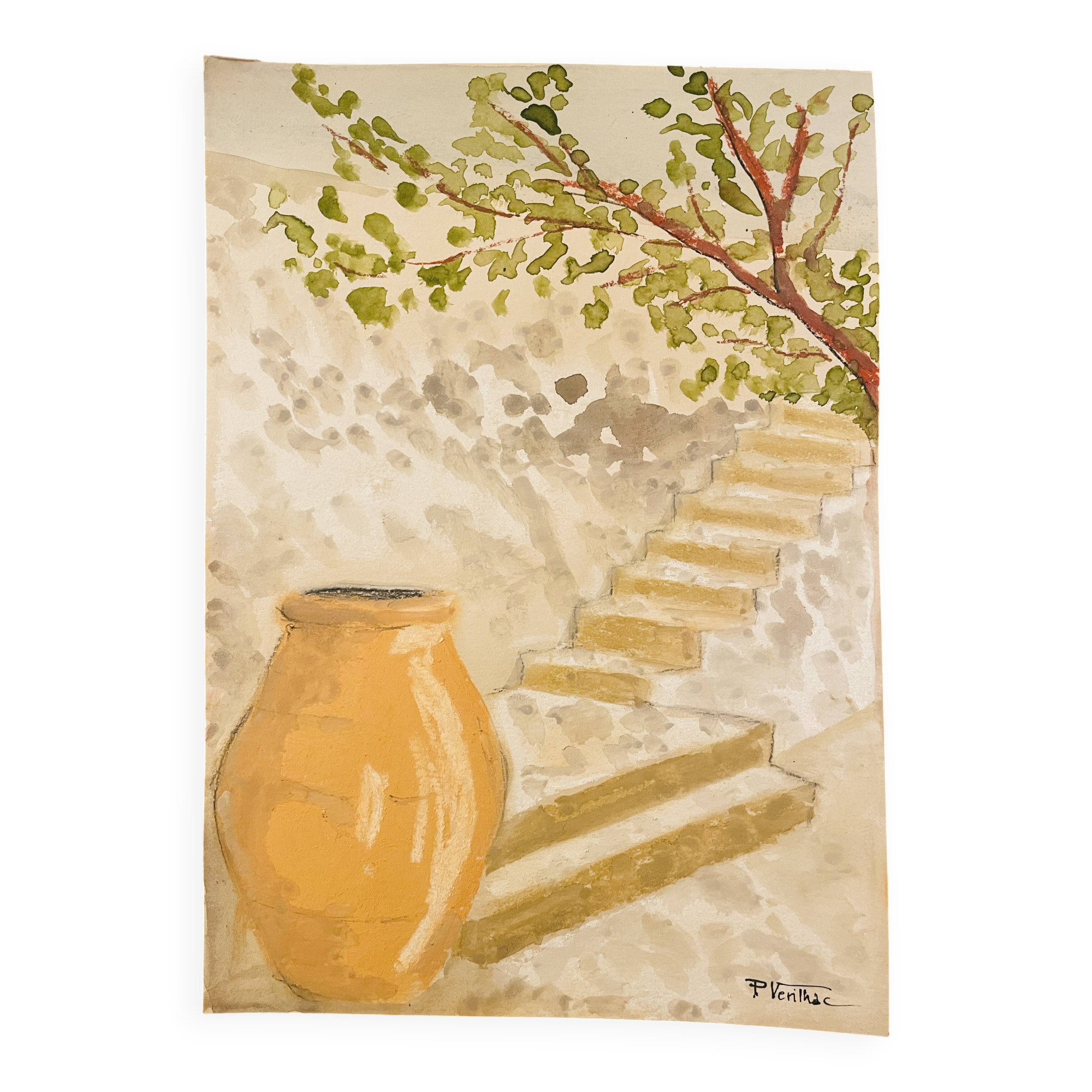 Signed pastel and watercolor painting of a Provençal landscape "the staircase"