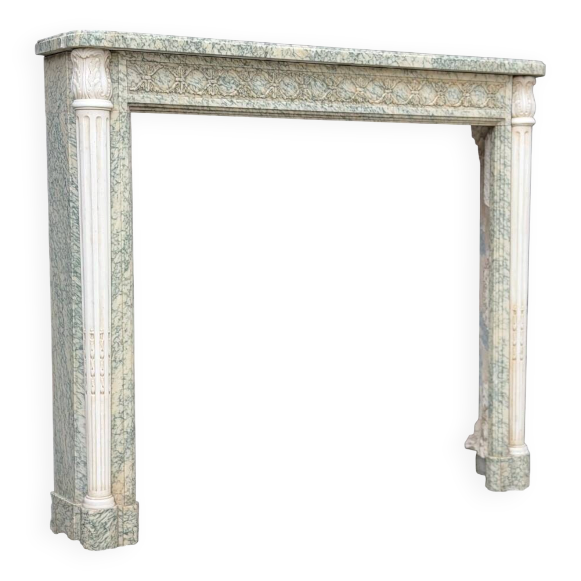 Louis XVI style fireplace in green Estours marble and white Carrara, circa 1880.