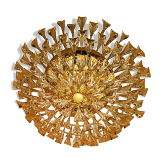 Stilkronen gold plated brass and crystal ceiling lamp, italy 1970