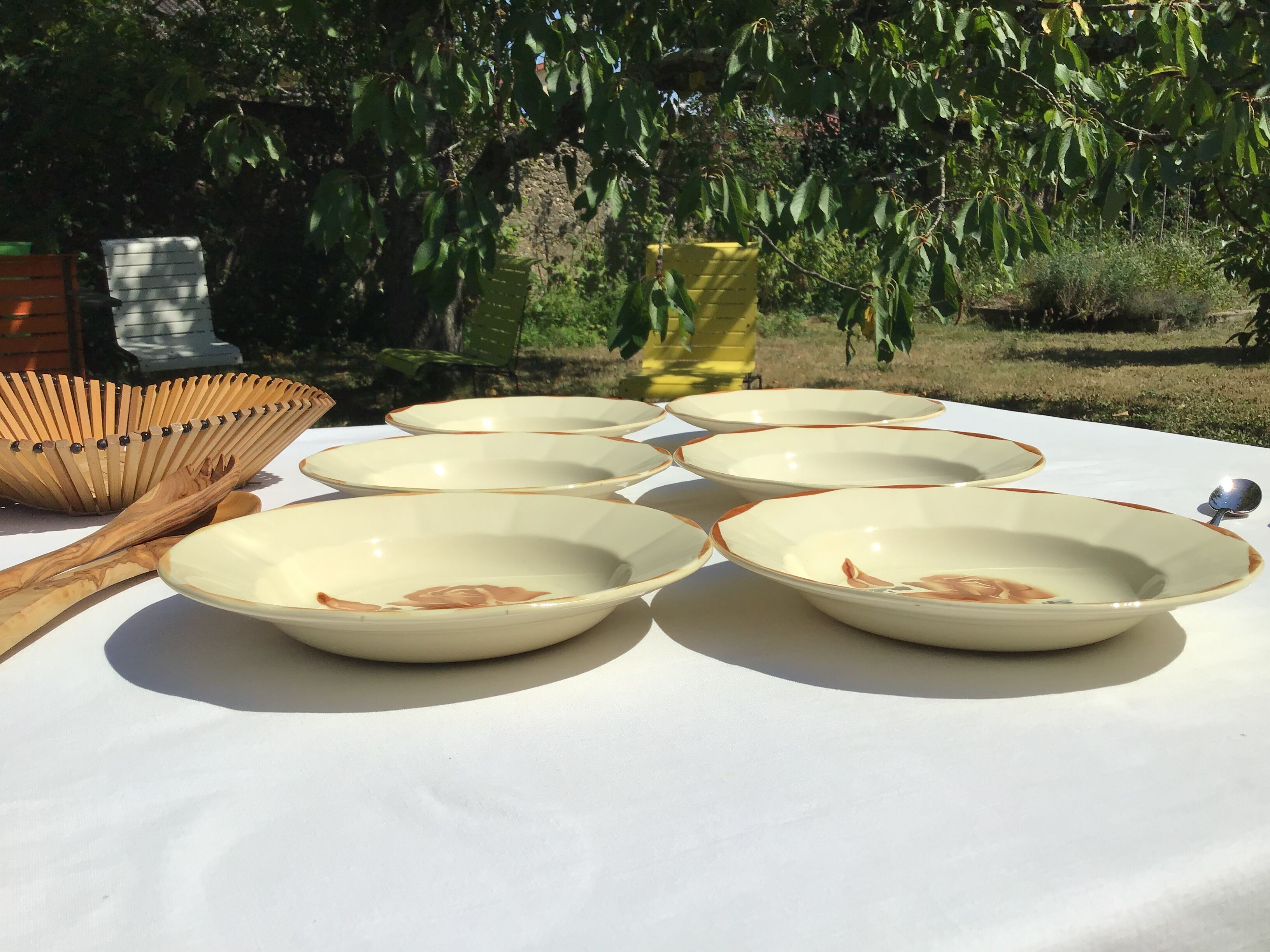 6 Digoin beige caramel edge hollow plates