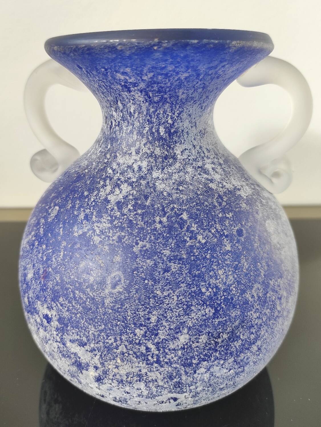 Vintage cobalt blue powdered glass amphora vase