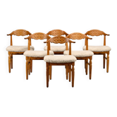 Henning Kjærnulf brutalist dining chairs set in Oak and Sheepskin, Denmark