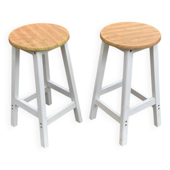 Pair of white and wood effect round stools