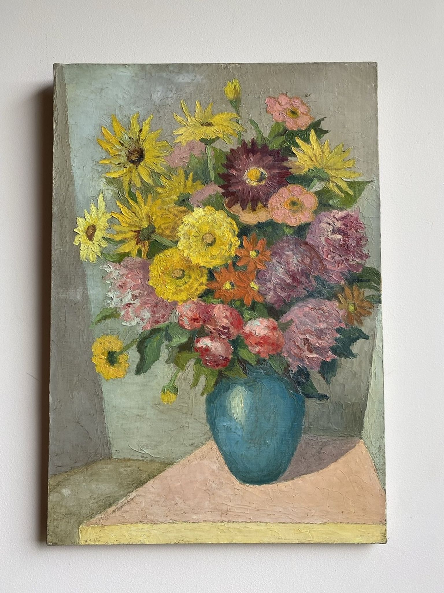 Antique painting, still life with blue vase and flowers, mid-20th century
