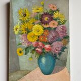 Antique painting, still life with blue vase and flowers, mid-20th century