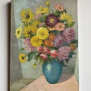 Antique painting, still life with blue vase and flowers, mid-20th century