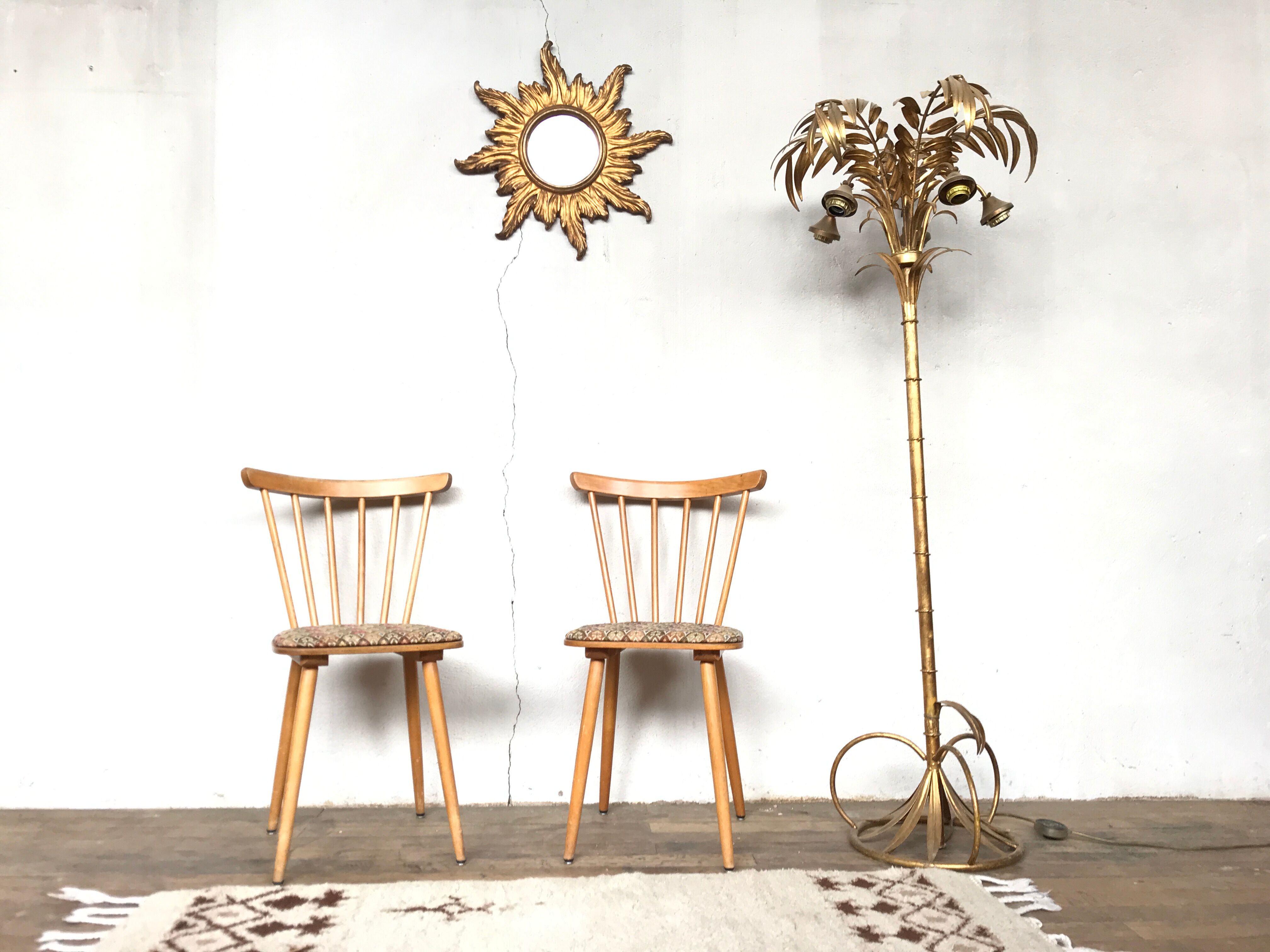 Pair of Scandinavian chair fabric light wood flower feet compasses