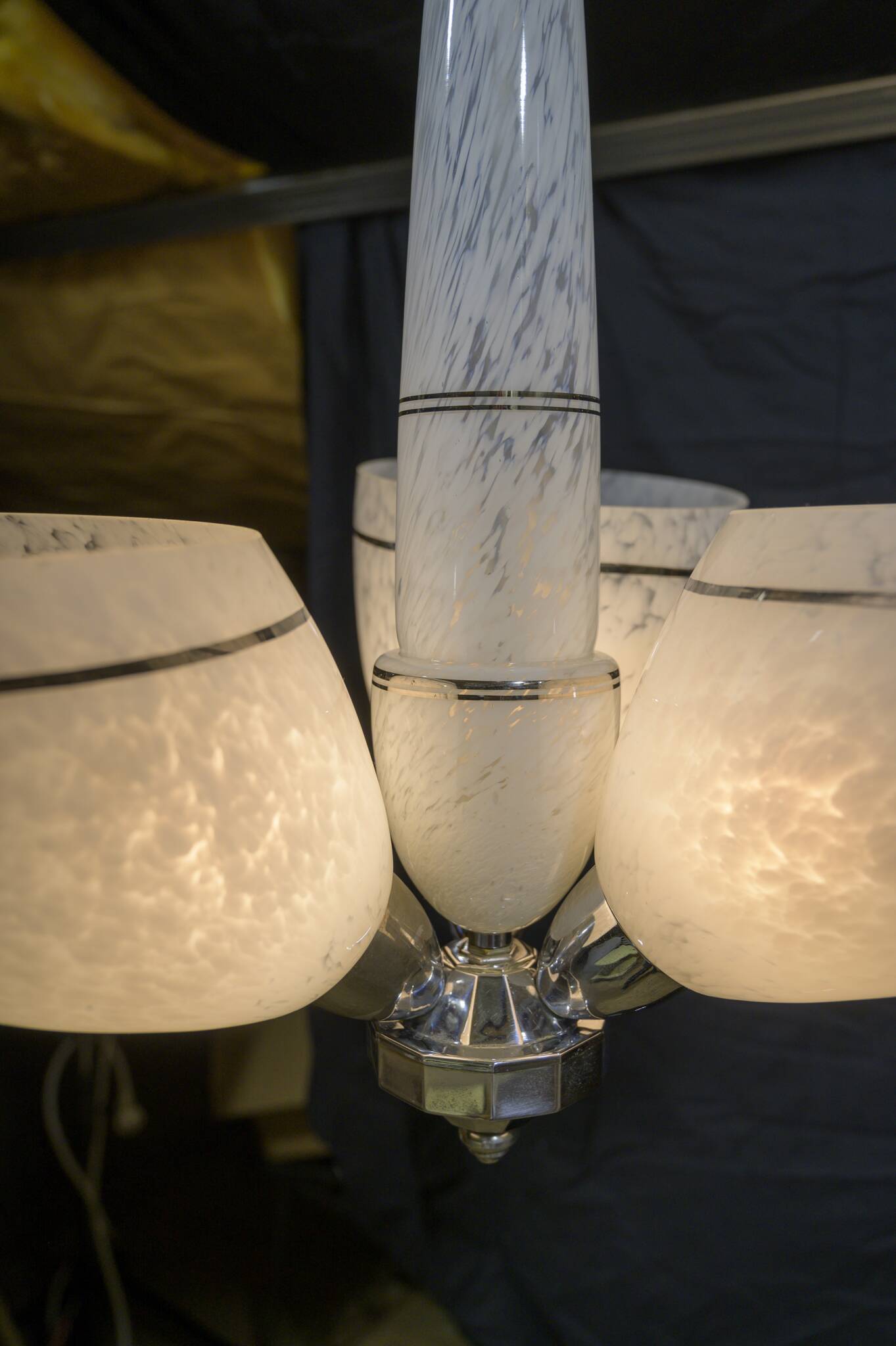 Art Deco chandelier/suspension with 3 domes in mixed glass and chrome metal