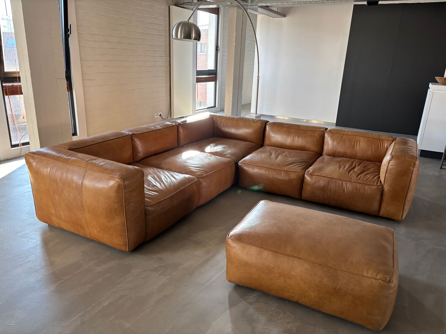 Modular corner sofa + pouf/ottoman in cognac Buffalo leather