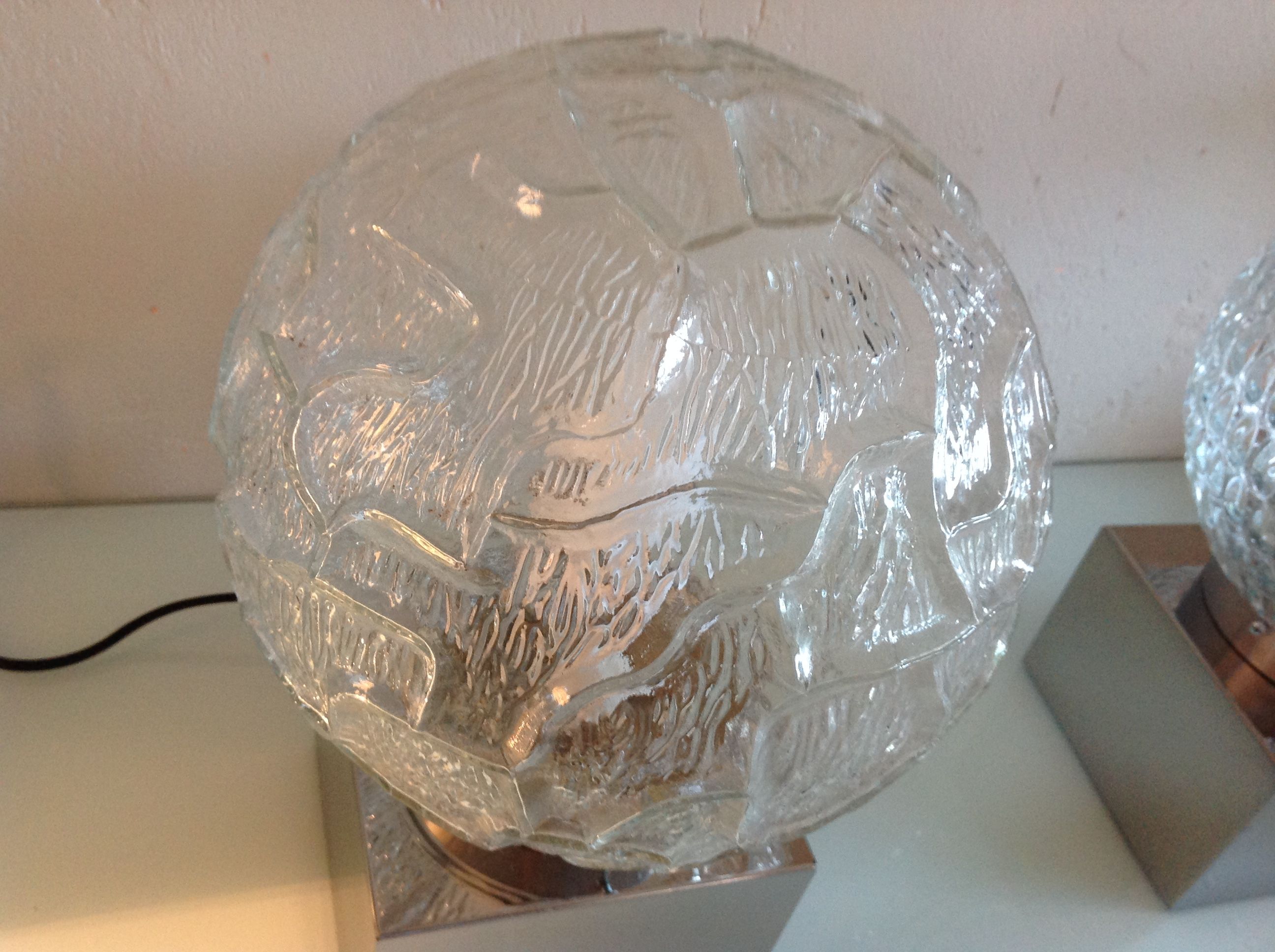 Pair of globe bedside lamps in glass and chrome/vintage metal 70-80