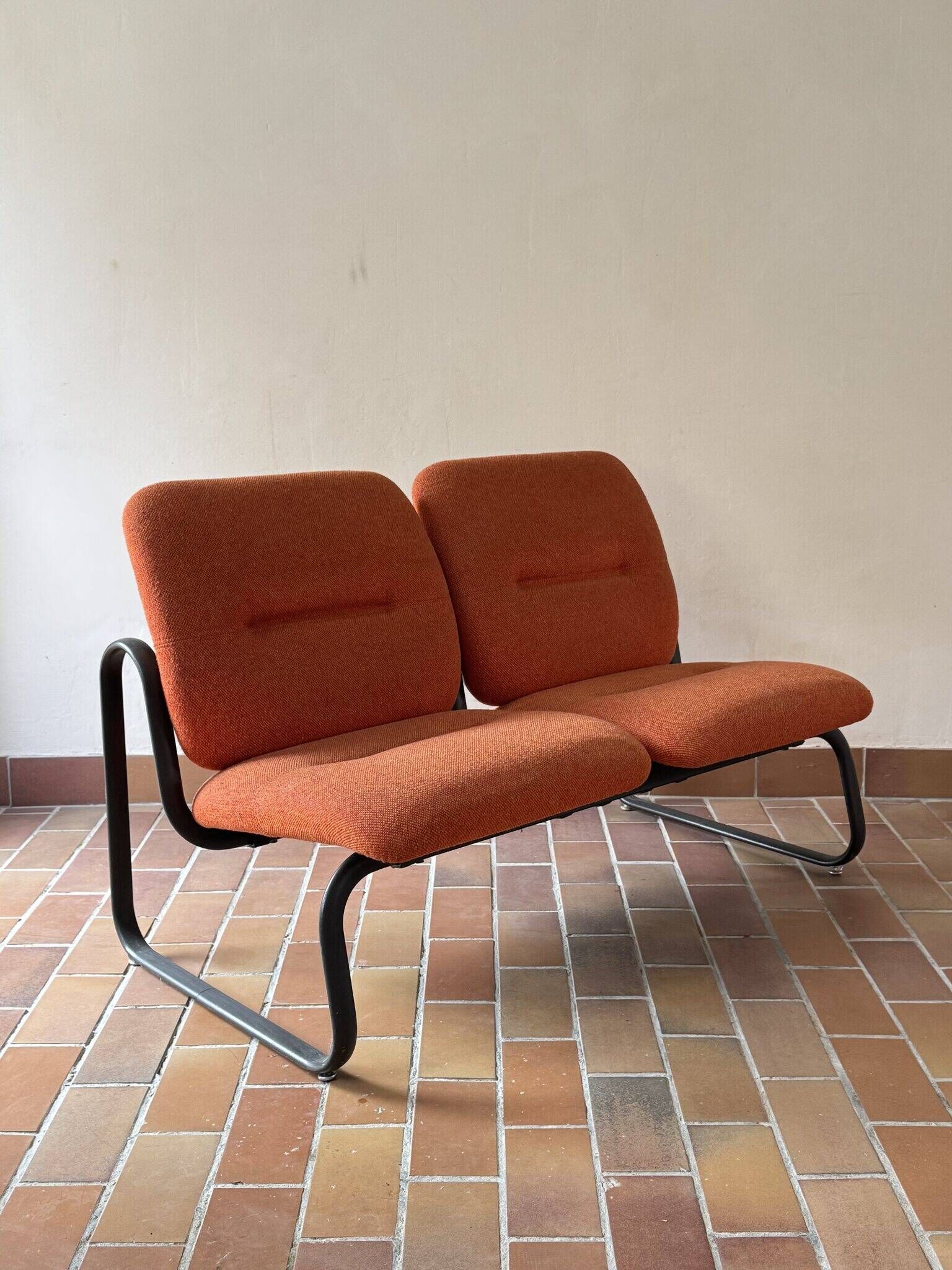 Strafor 2-seater bench, orange wool and sled base, 1970s.