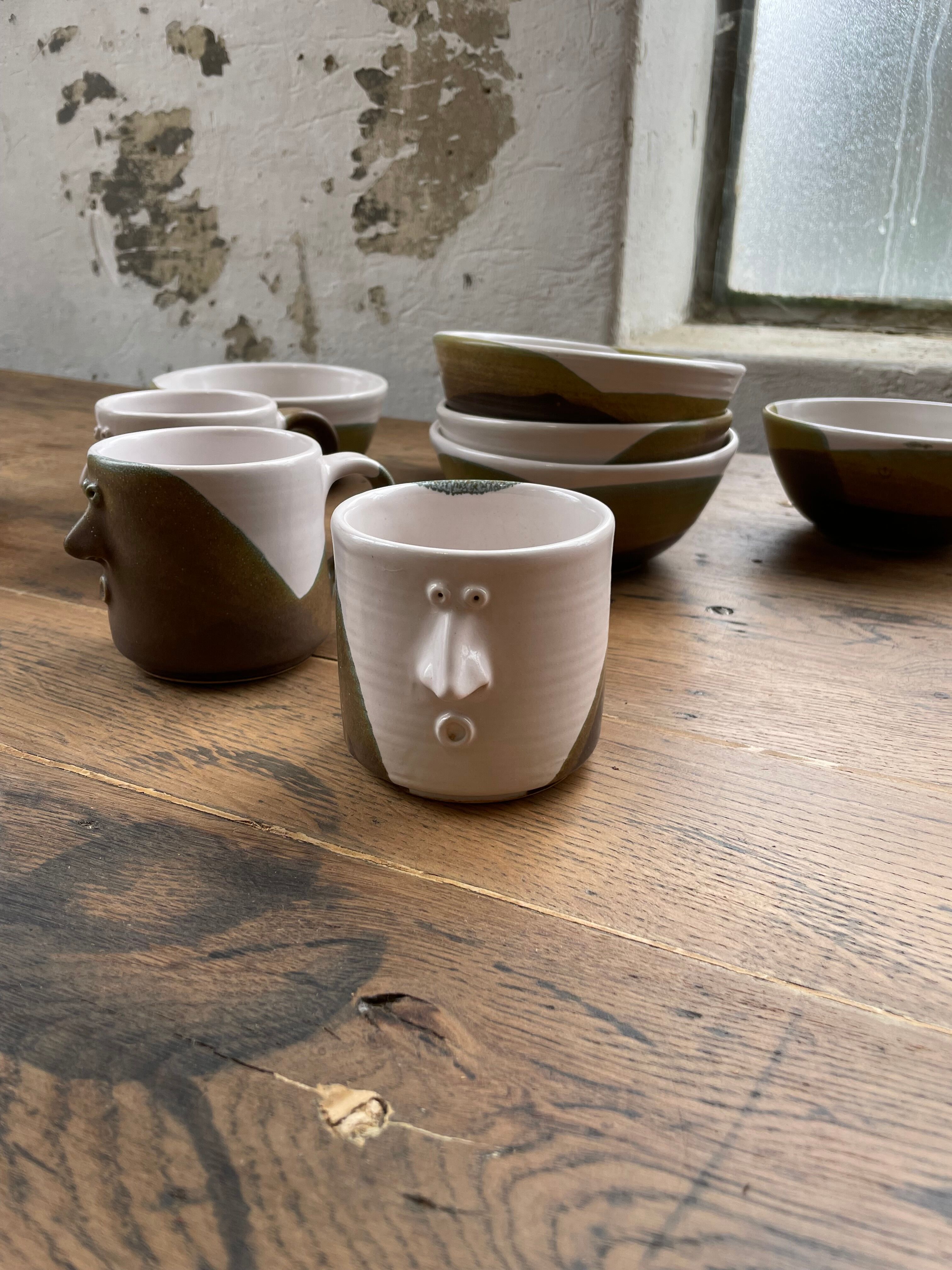 Anthropomorphic ceramic teapot, cups and bowl set