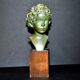 Bronze sculpture buste d'enfant en bronze à patine verte signé dick bronze france socle bois xxe s.