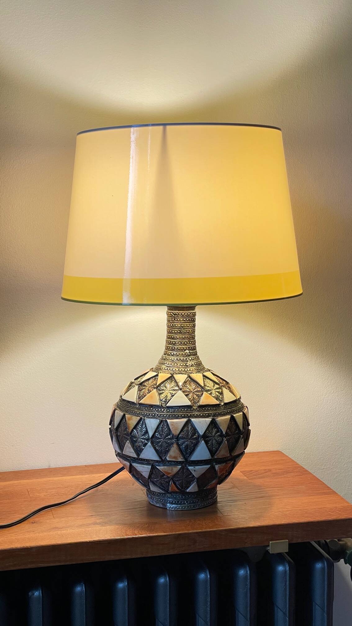Vintage handcrafted lamp, pottery and silver-plated metal