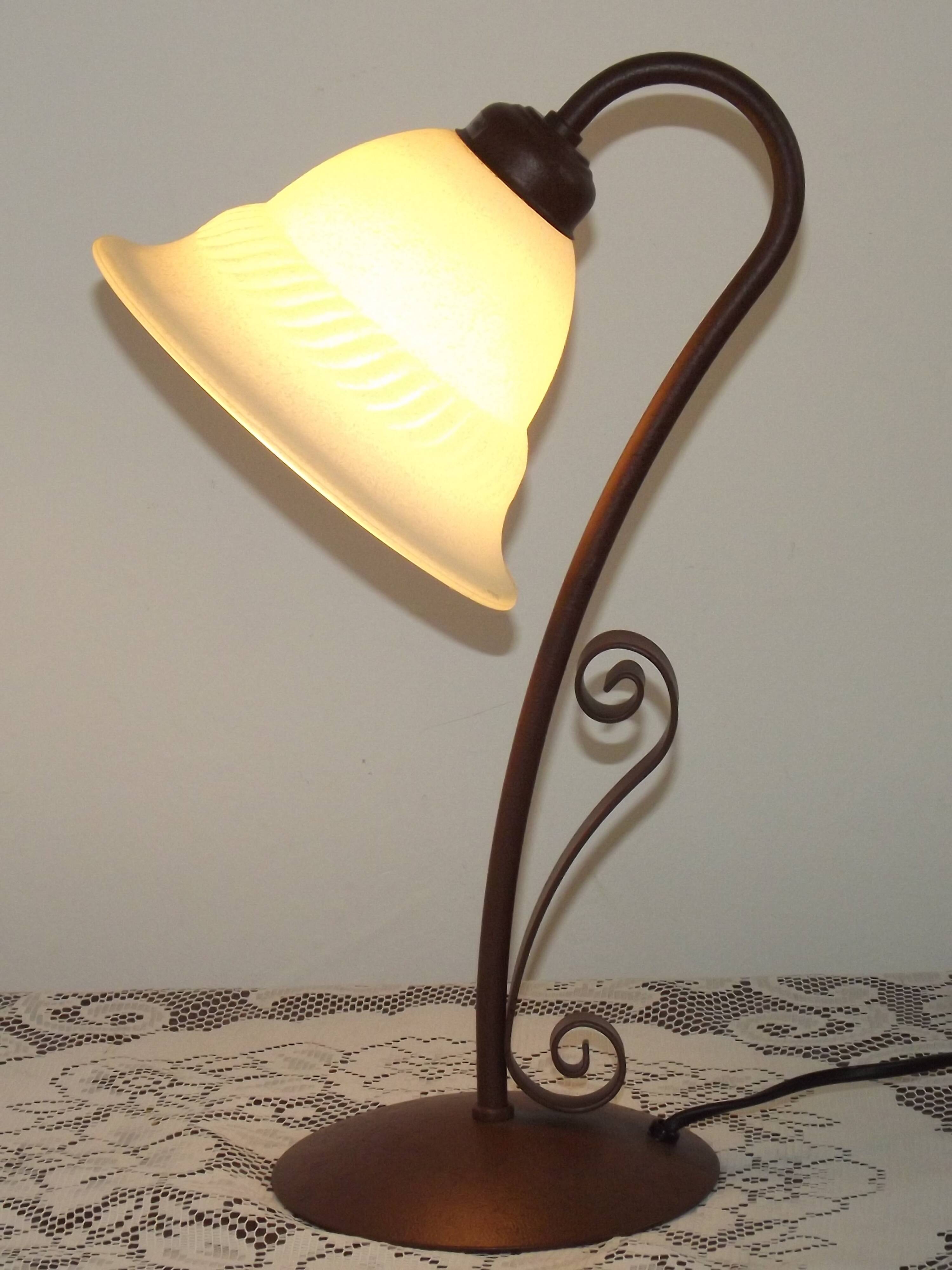 Vintage French Brown Metal Goose Neck Lamp With Textured Glass Shade