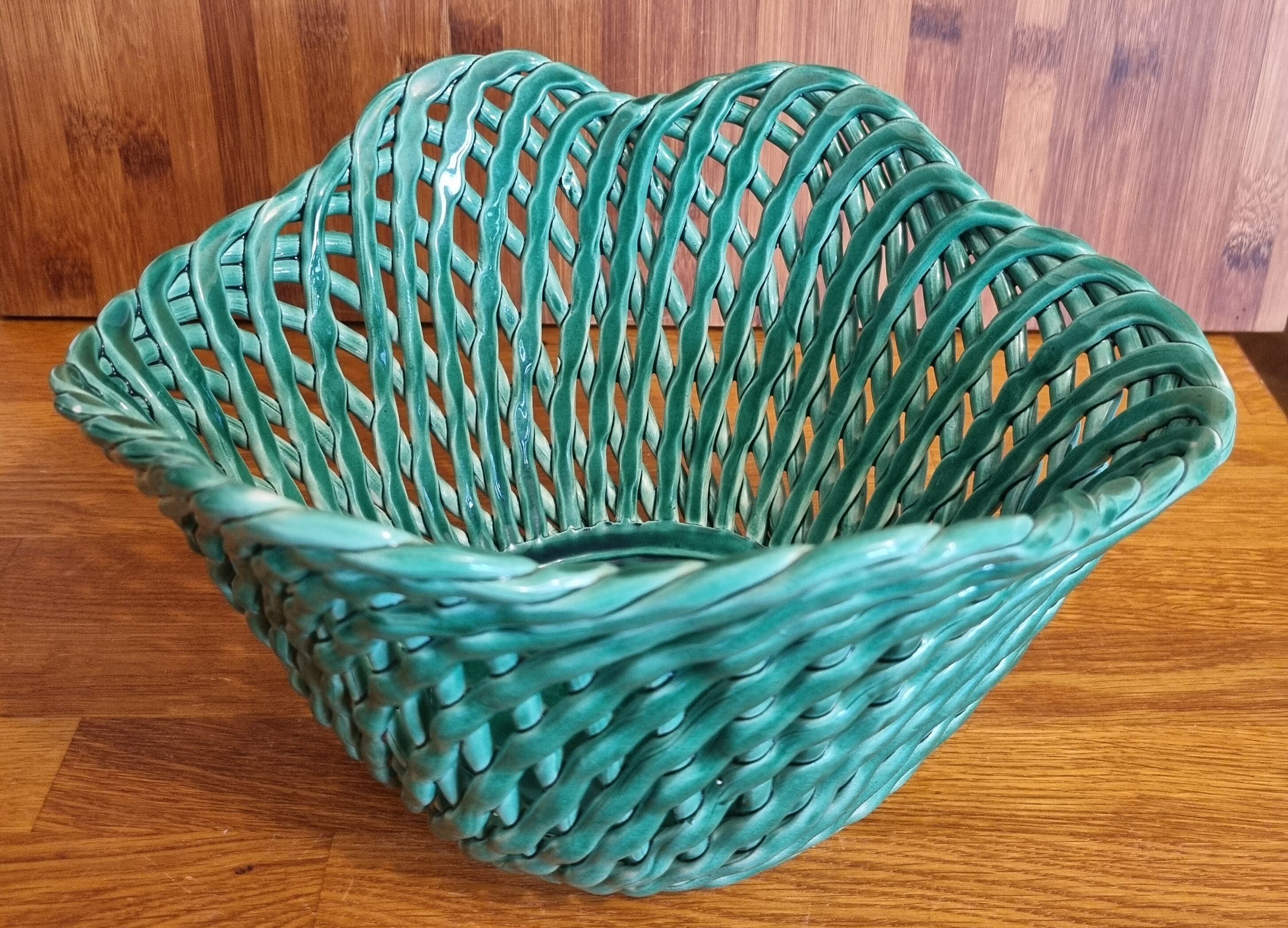 Vintage pot cover in woven slip green basket