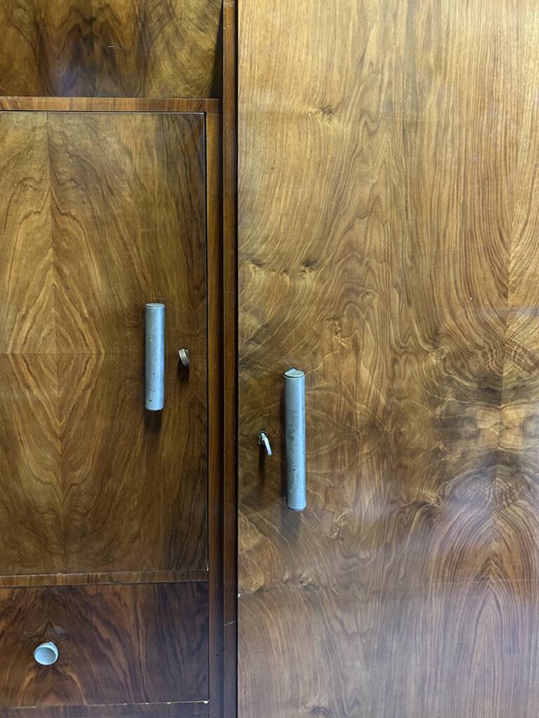Asymmetrical wardrobe, Art Deco, 1930s walnut burl, wardrobe, shelves, drawers