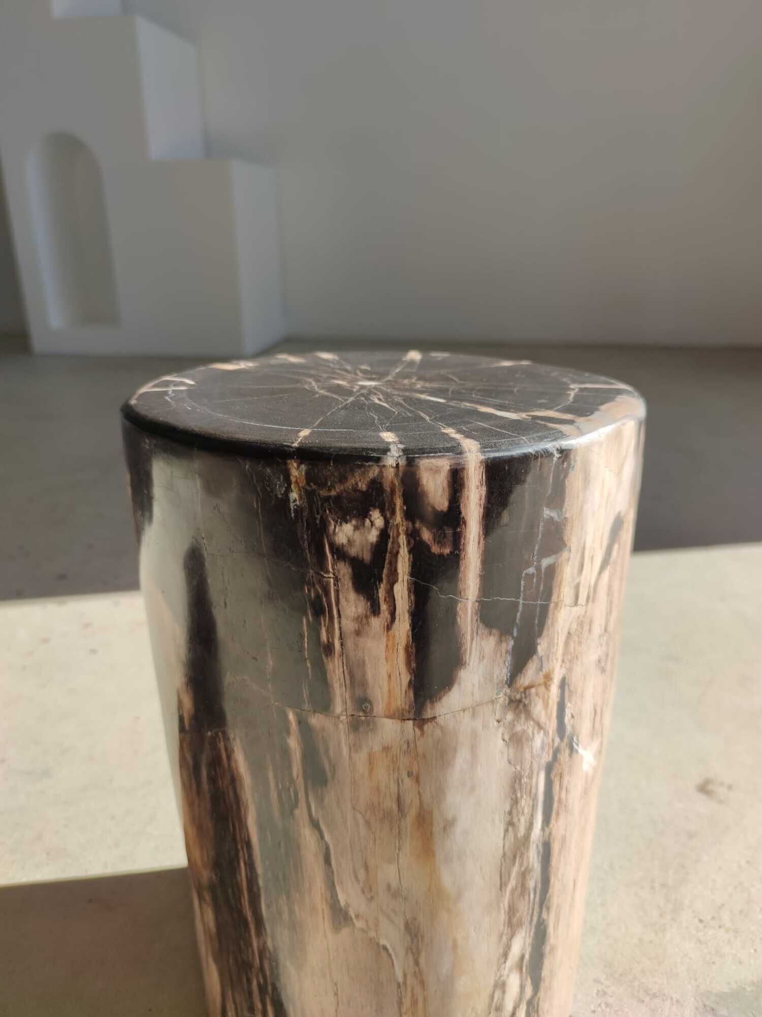 Table d'appoint en bois pétrifié noir et blanc - H:40,5cm D:25cm