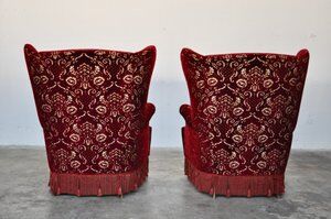Mid-Century armchairs in damask red velvet, Italy, 50s, set of 2