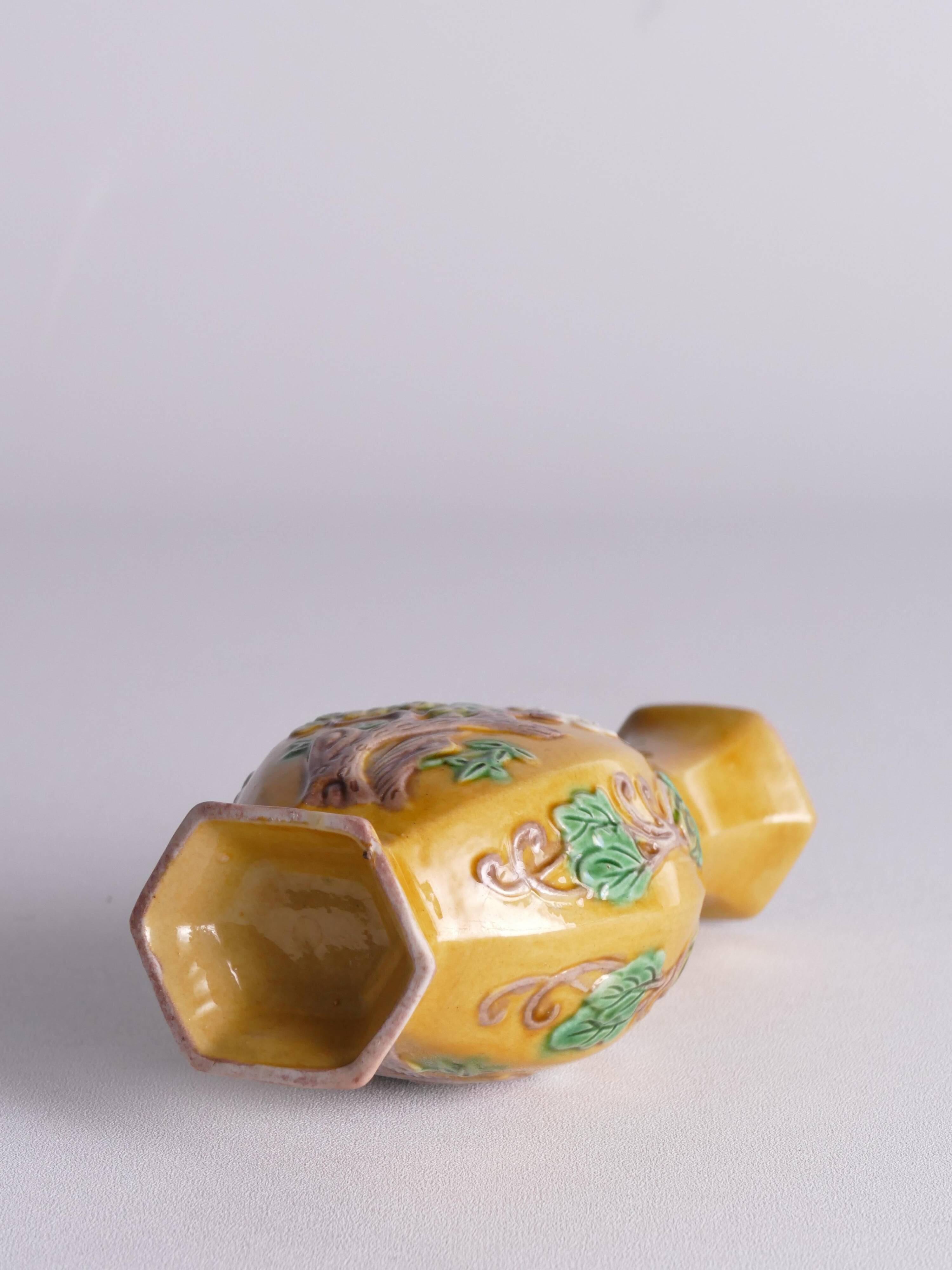 Chinese Yellow Glazed Hexagonal Relief Porcelain Vase with Prunus Motif