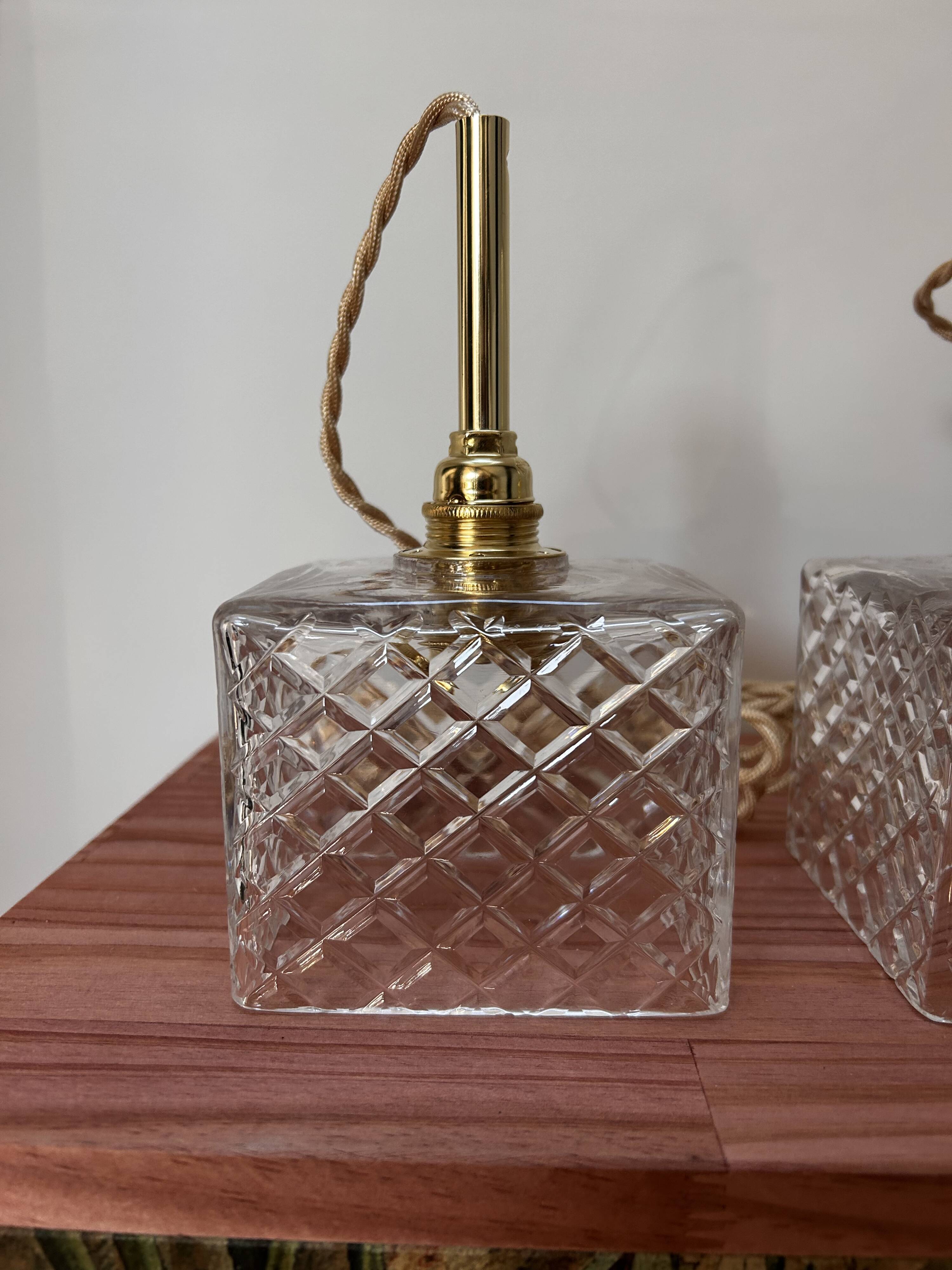 Pair of chiseled glass portable lamps