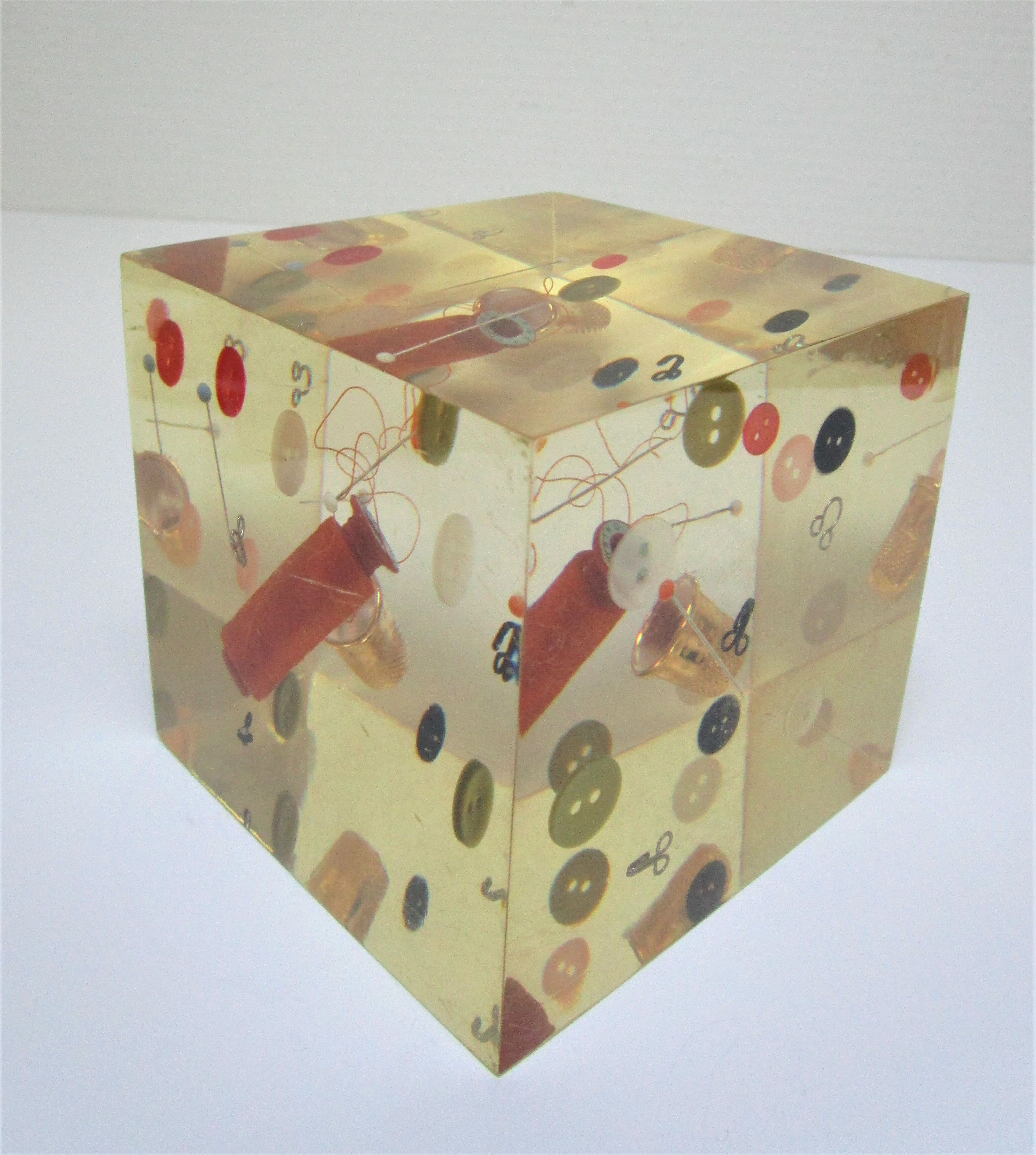 Paperweight sculpture block resin inclusions sewing design 70s
