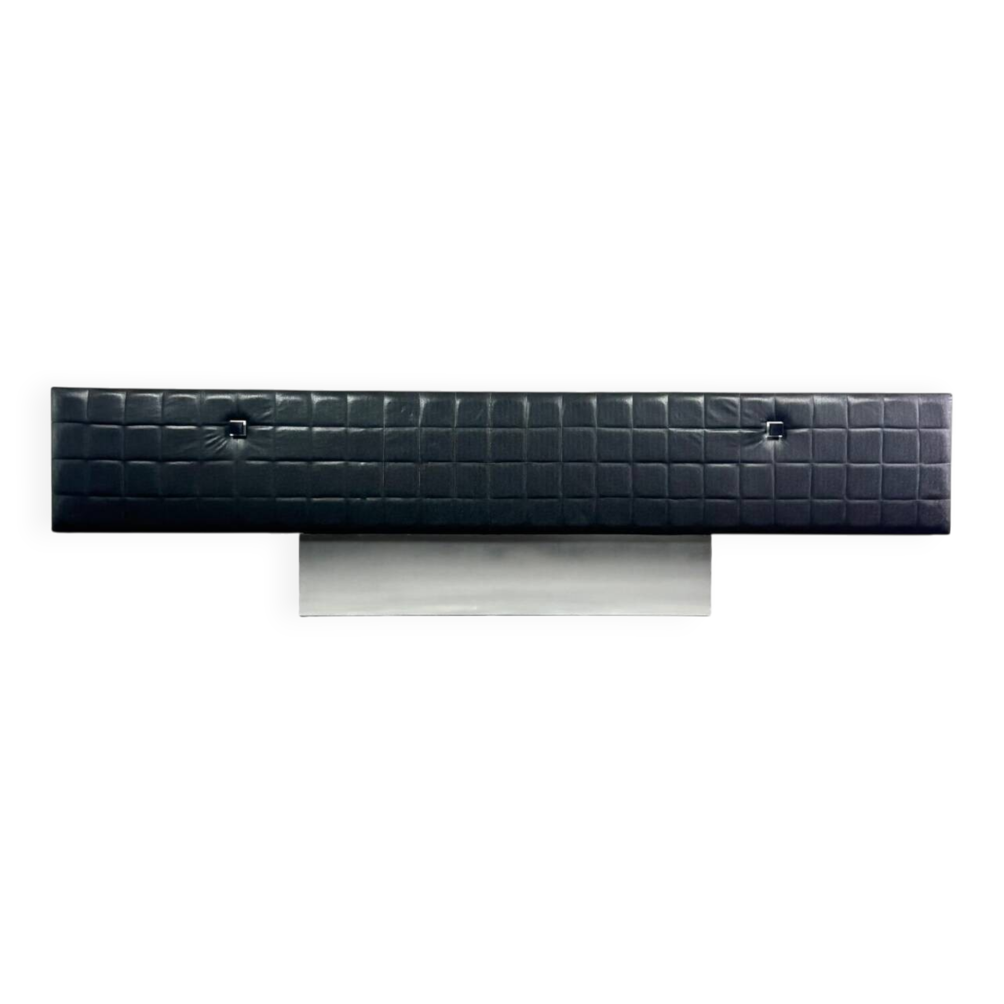 Modernist lowboard, faux leather, wood and stainless steel, 1960.