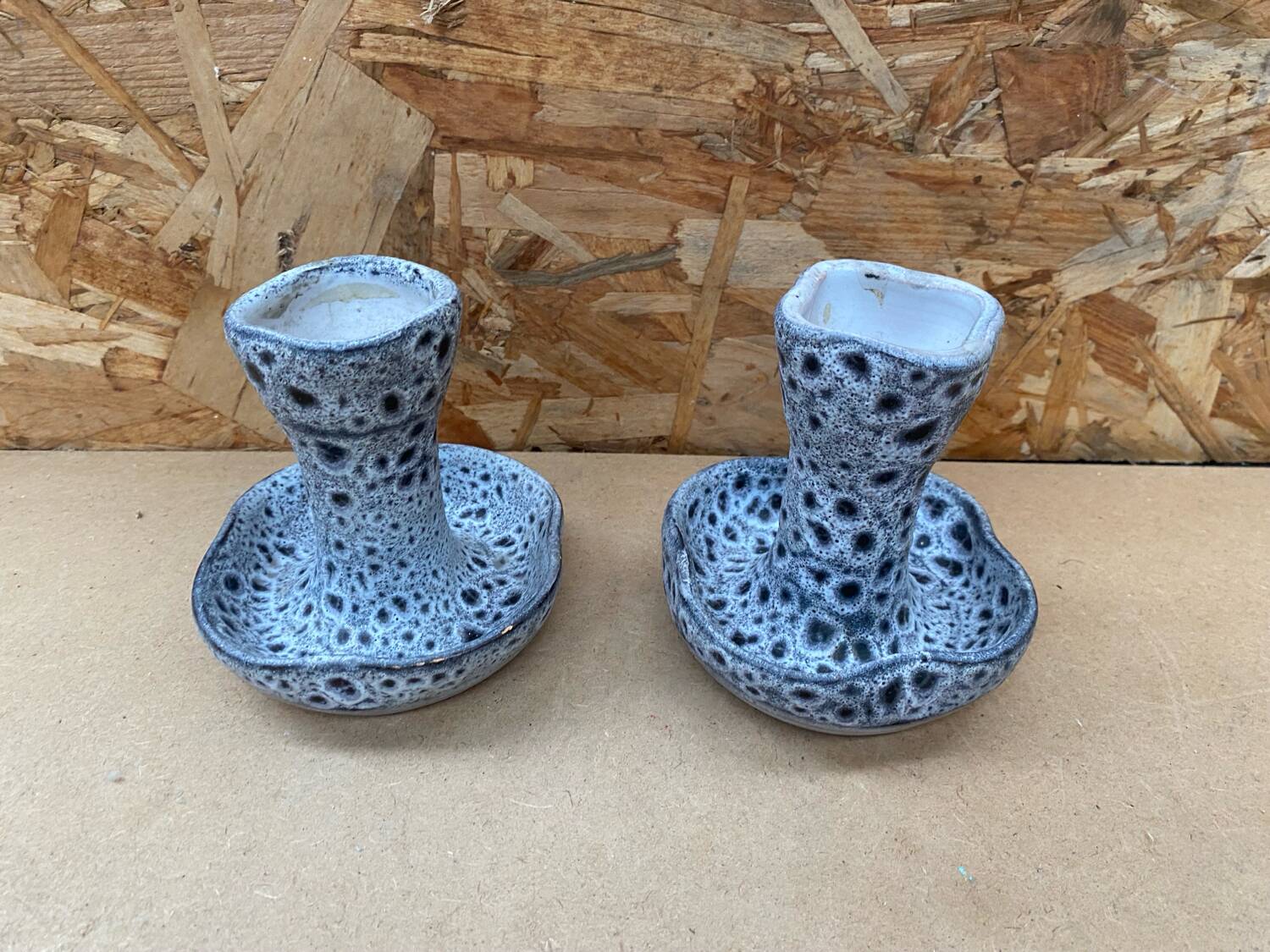 Pair of YURTSUA Candle Holders Vallauris Style Grey Ceramic Lava Vintage #B160