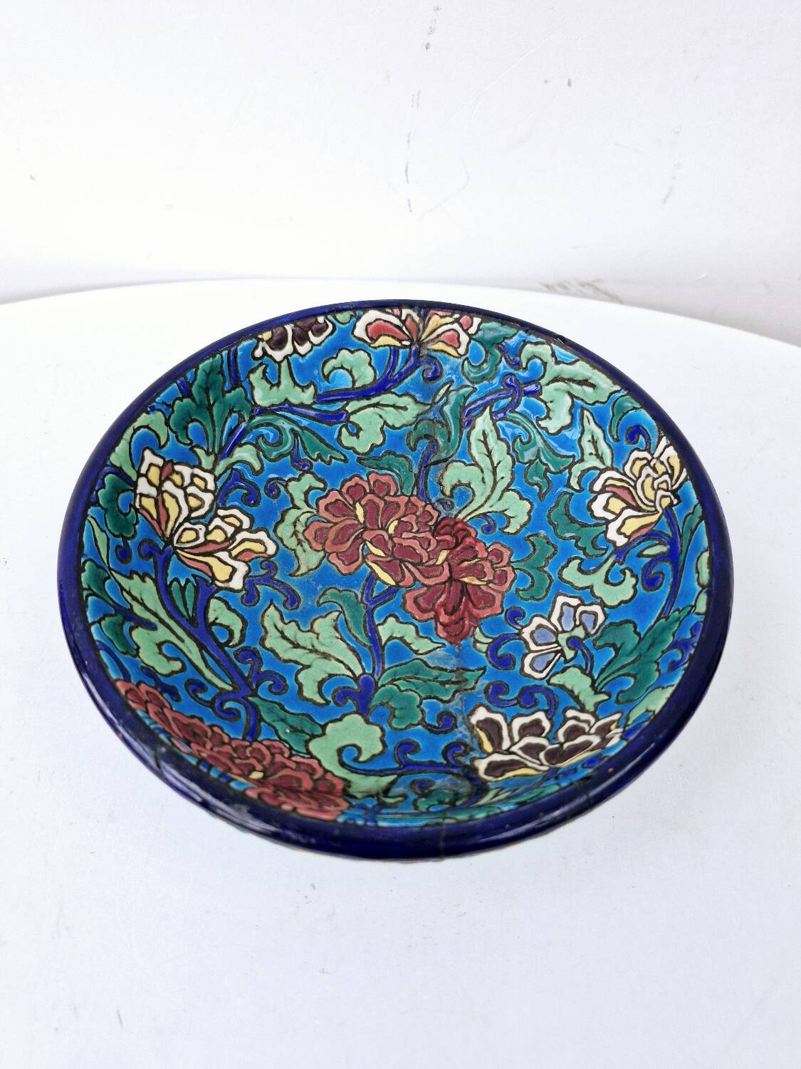 Old bowl on pedestal with raised edges art deco ceramic Longwy