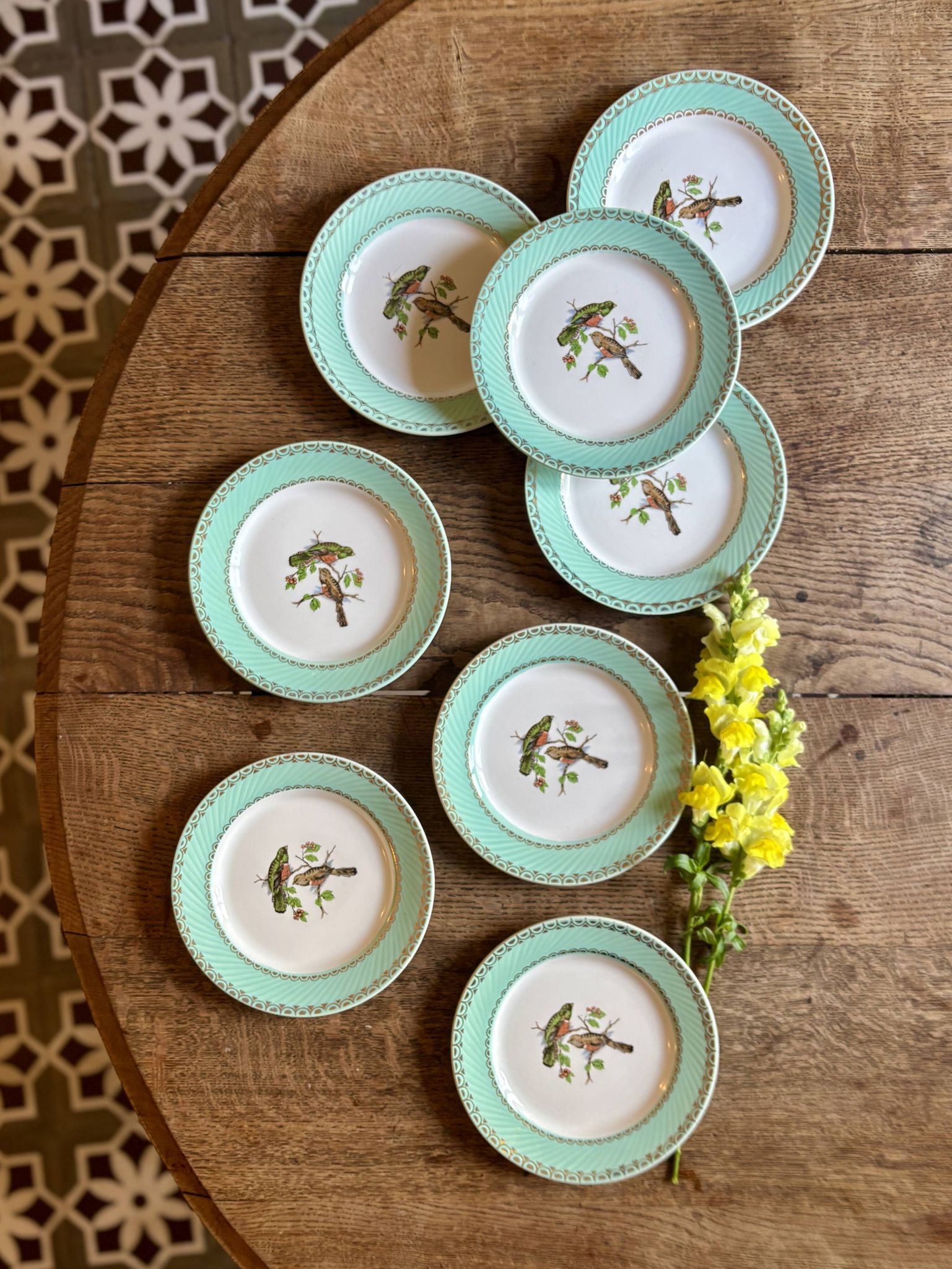 Lot de 8 assiettes à dessert vintage décors d'oiseaux