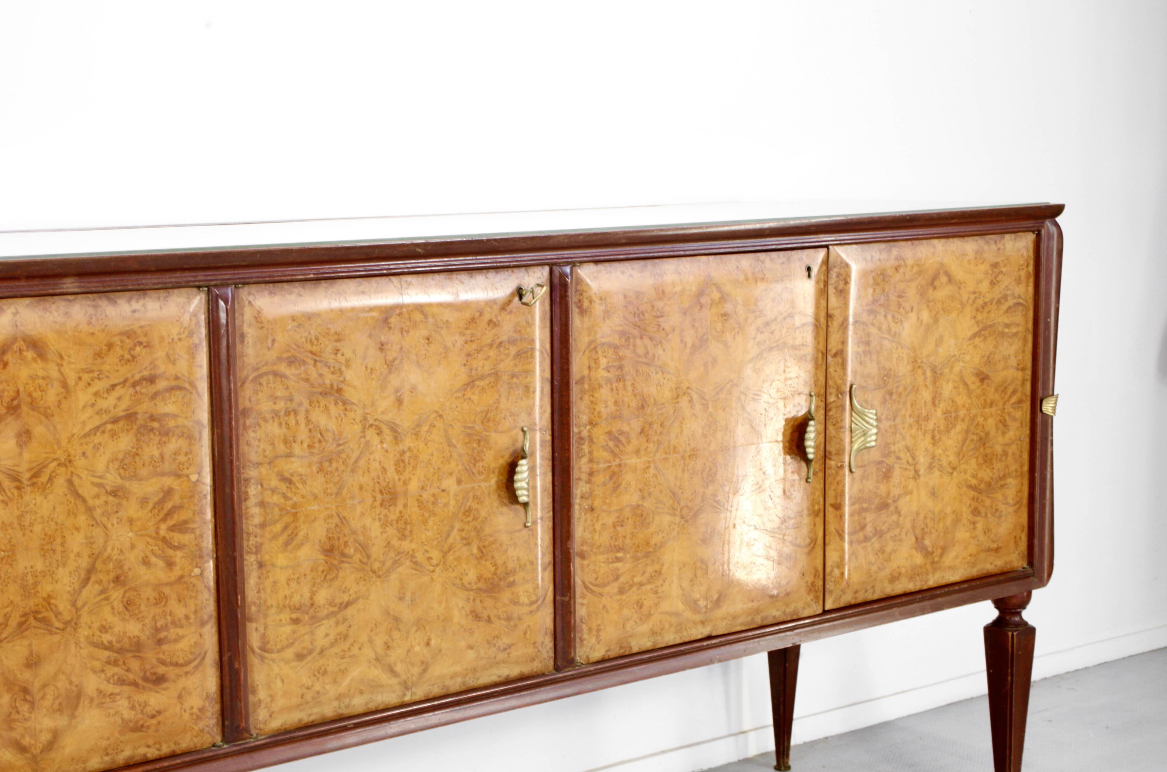 Midcentury Italian Sideboard In Walnut Root And Brass.