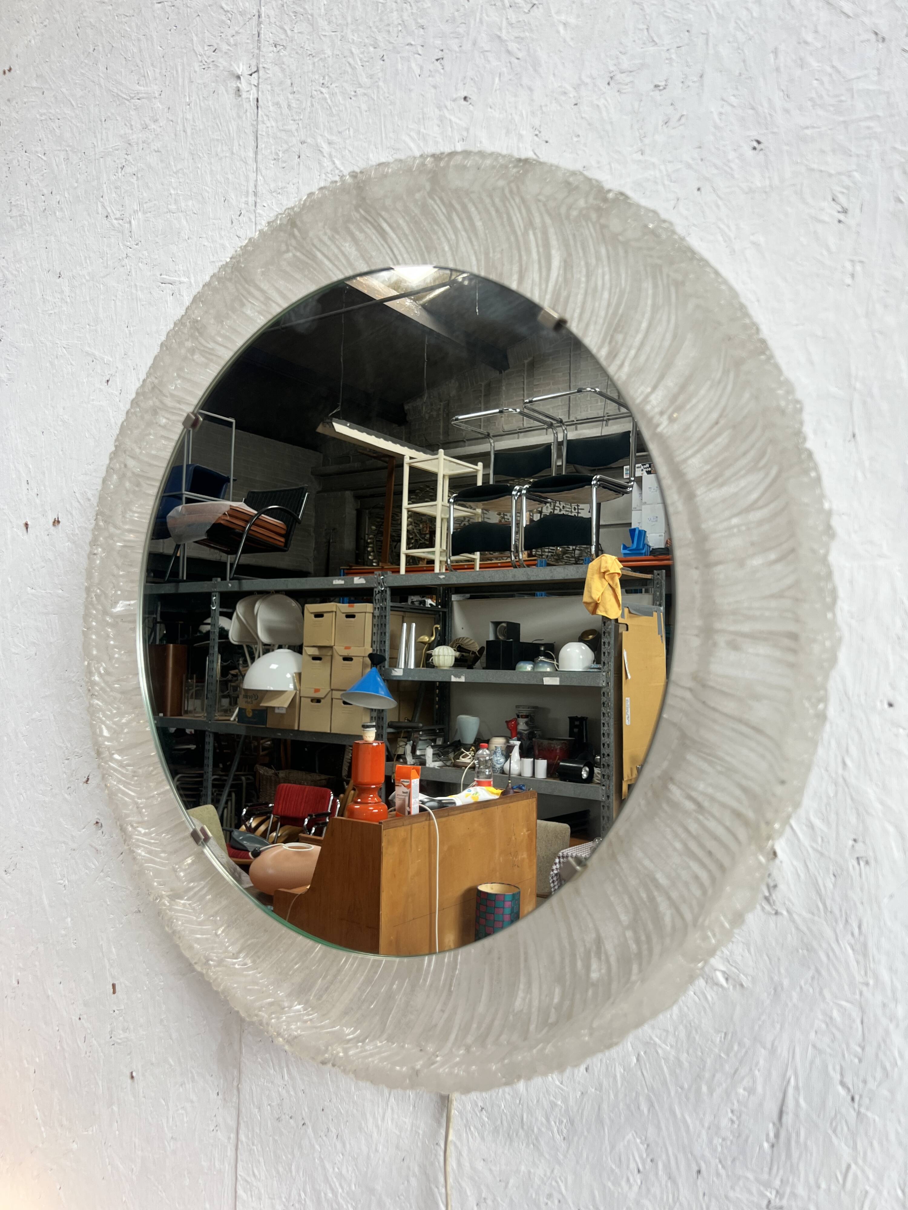 Vintage Round Hillebrand Iceglass Mirror with Lighting