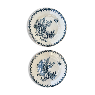 Lot de 2 assiettes blanc bleu à motif de chardon porcelaine opaque chardons Gien