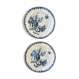 Set of 2 plates white blue with thistle pattern porcelain opaque thistles Gien